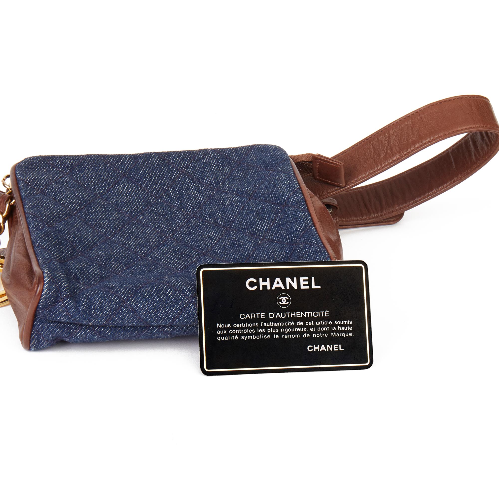 1991 Chanel Blue Quilted Denim & Brown Lambskin Vintage Timeless Charm Belt Bag 7