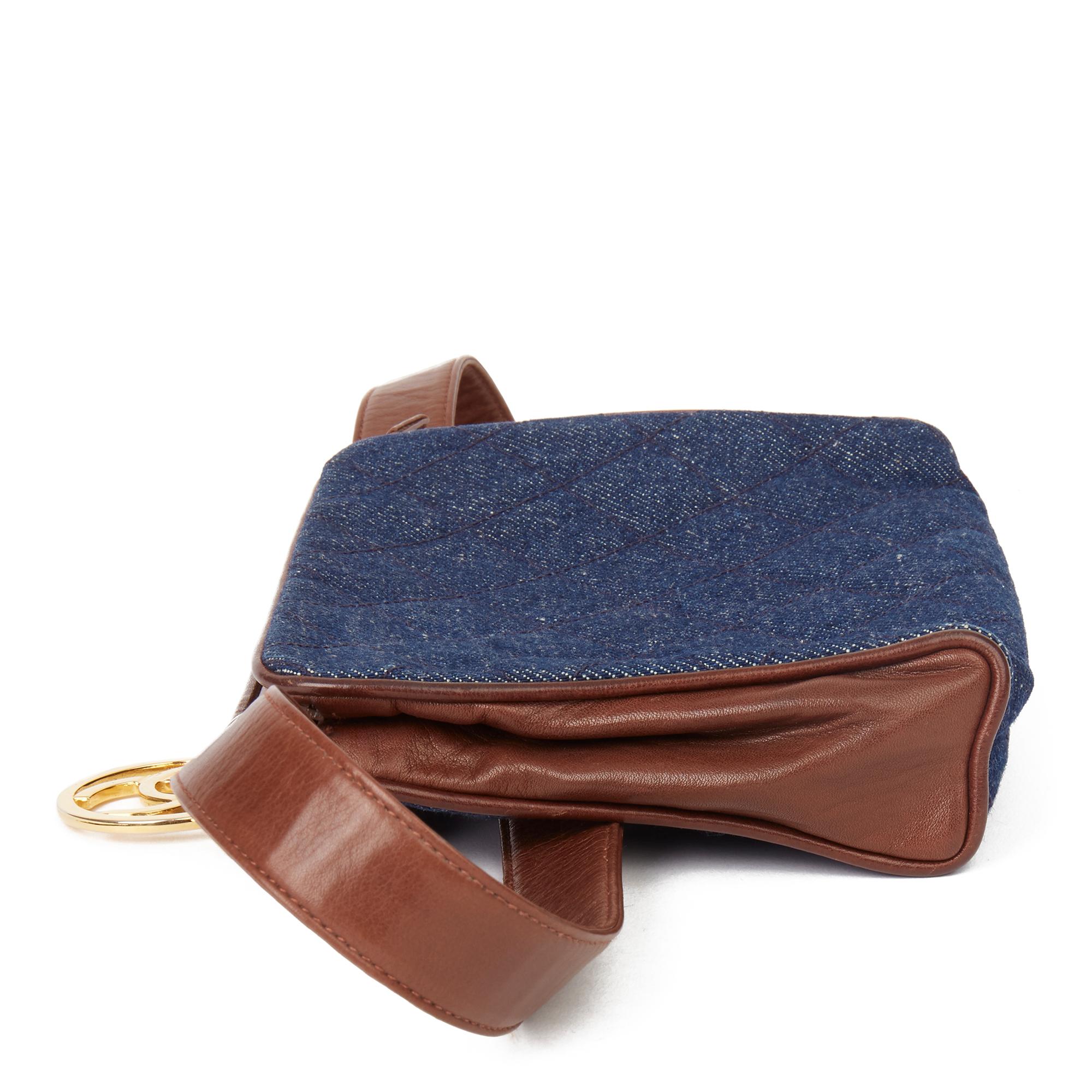 1991 Chanel Blue Quilted Denim & Brown Lambskin Vintage Timeless Charm Belt Bag In Excellent Condition In Bishop's Stortford, Hertfordshire