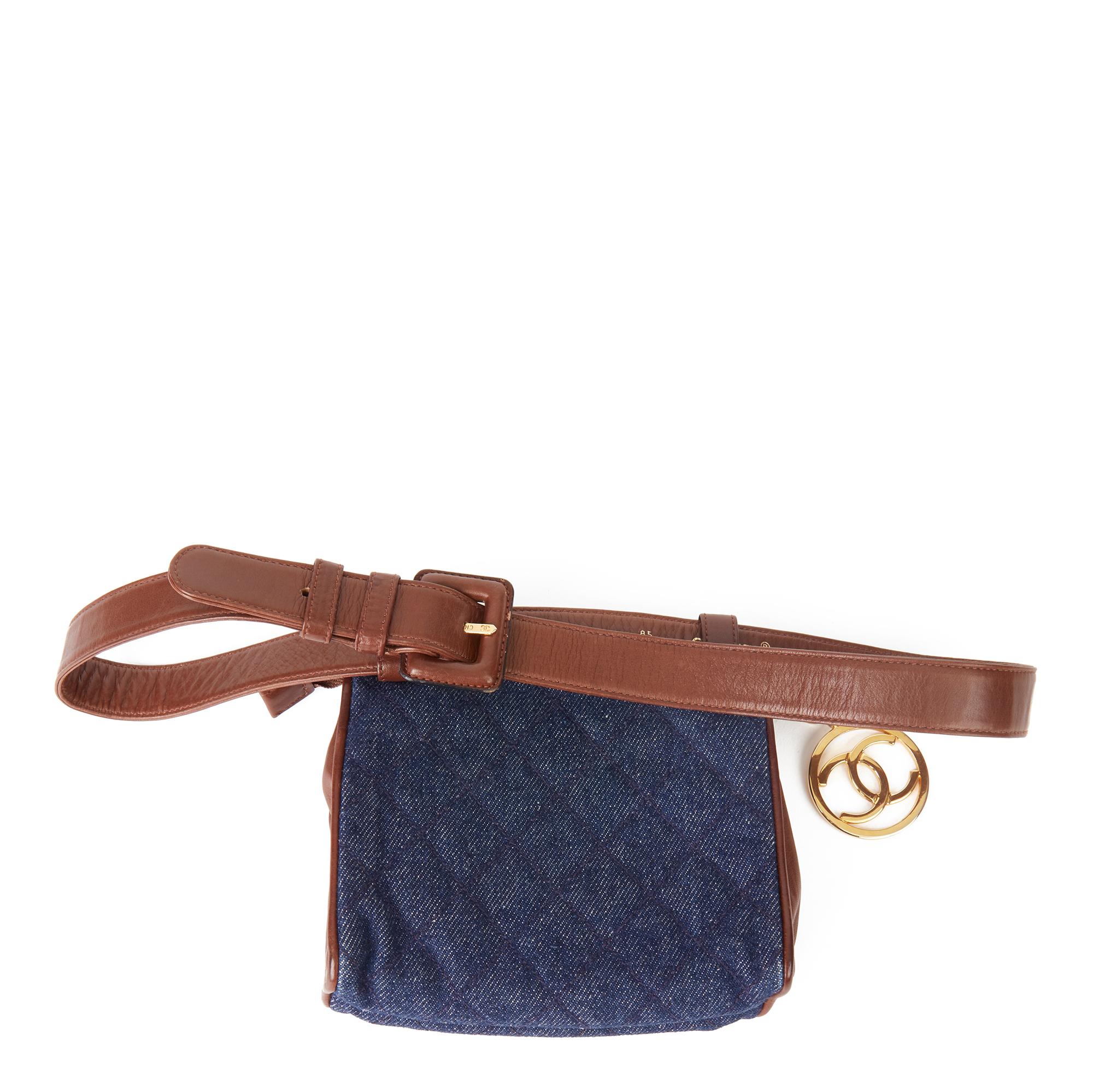 Women's 1991 Chanel Blue Quilted Denim & Brown Lambskin Vintage Timeless Charm Belt Bag