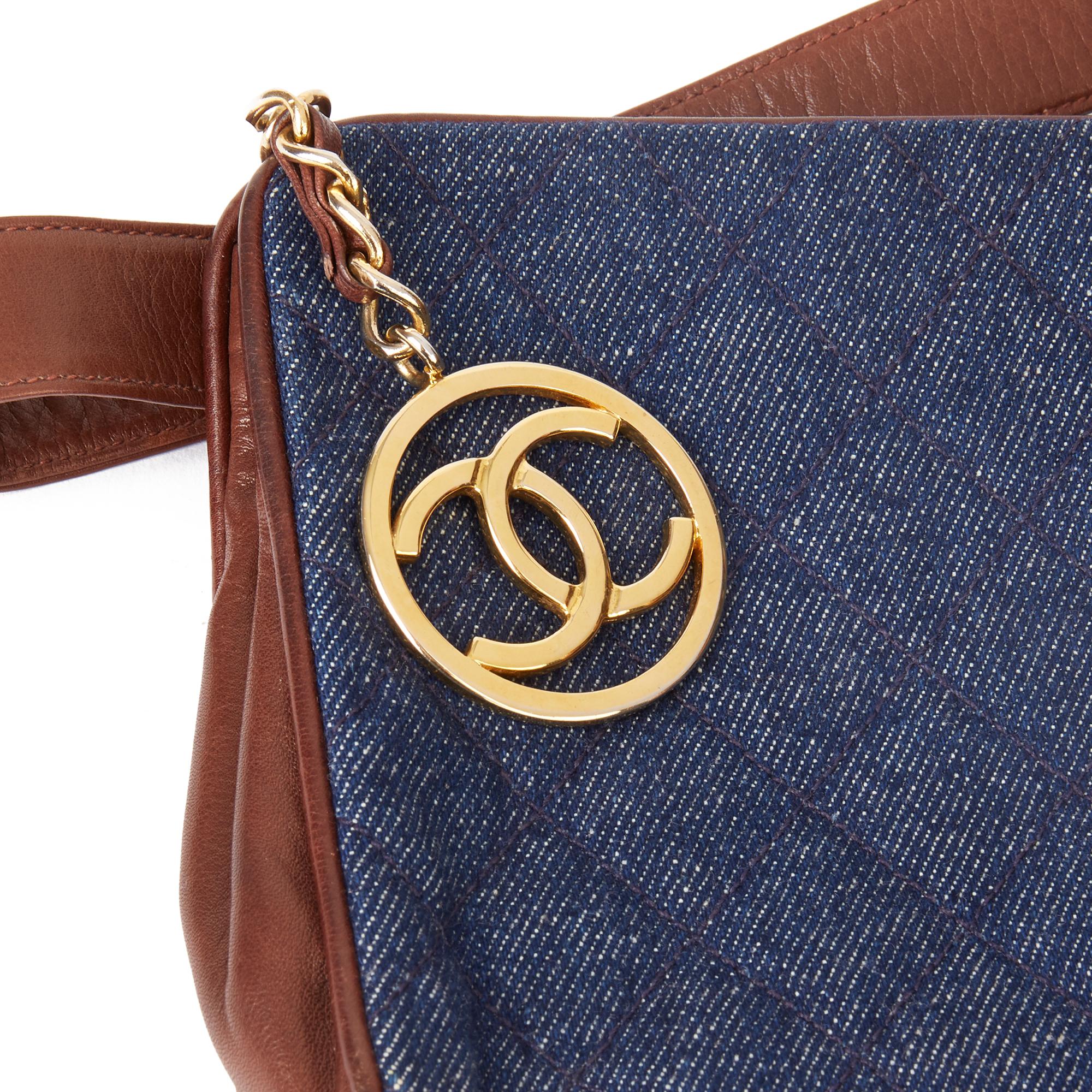 1991 Chanel Blue Quilted Denim & Brown Lambskin Vintage Timeless Charm Belt Bag 2