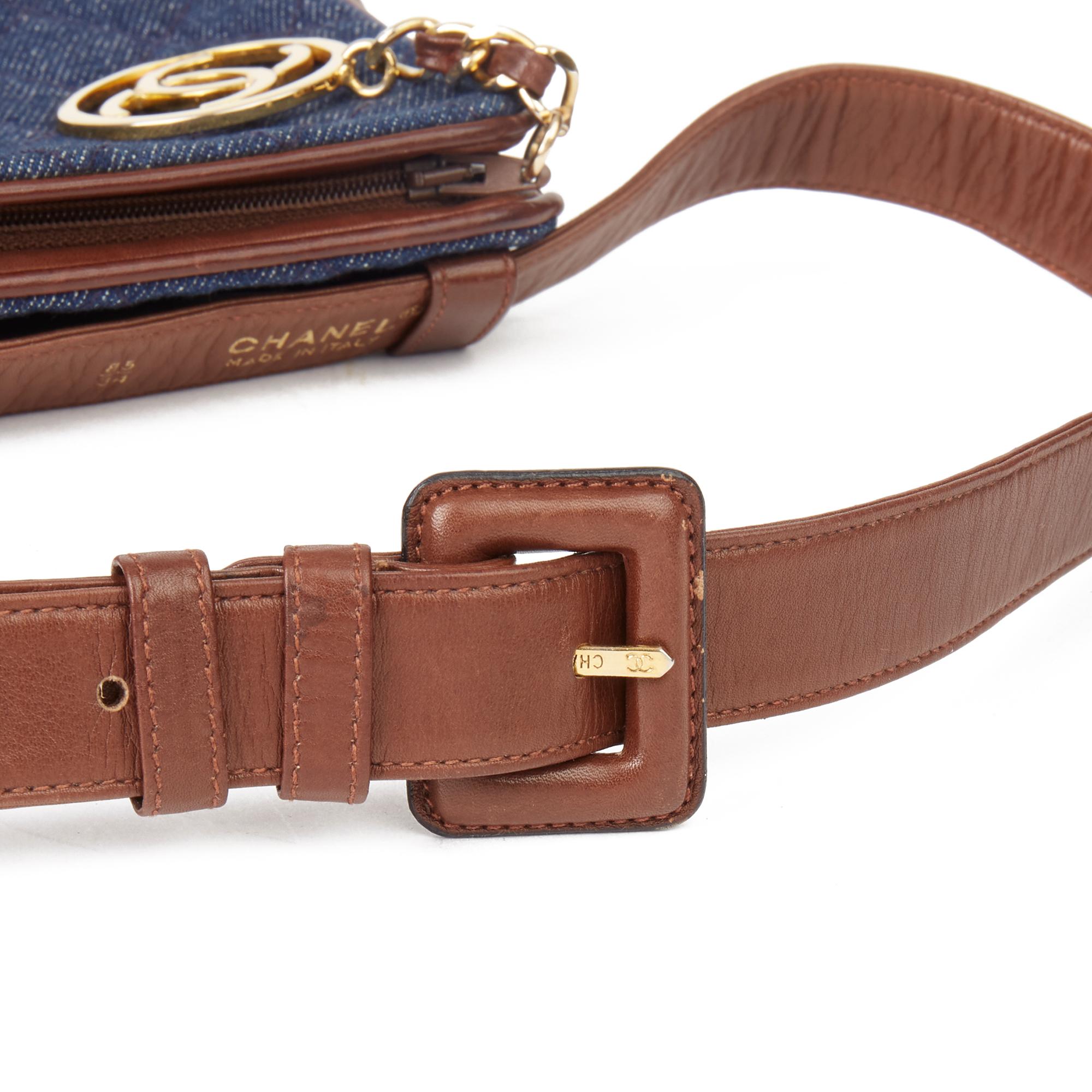1991 Chanel Blue Quilted Denim & Brown Lambskin Vintage Timeless Charm Belt Bag 3