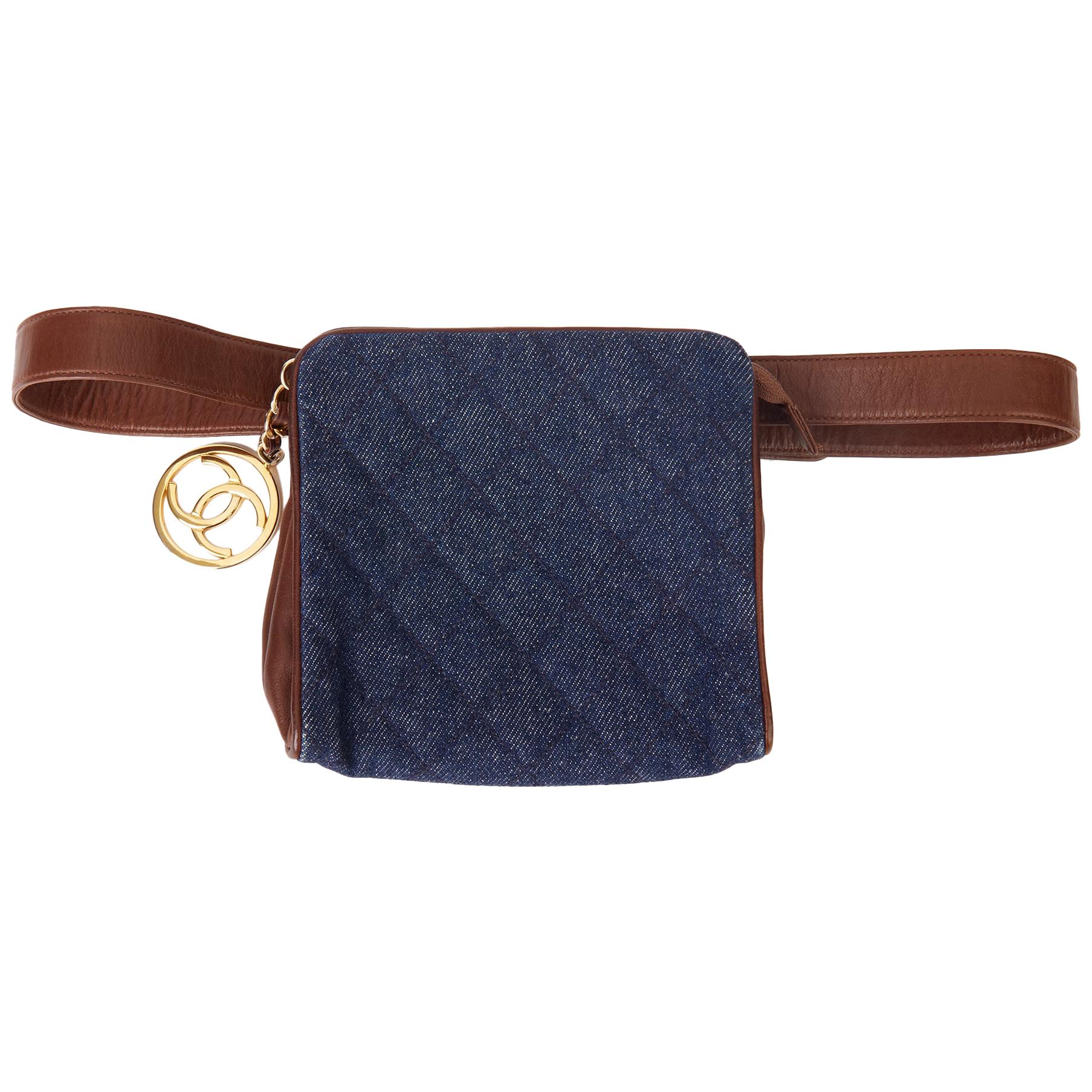 1991 Chanel Blue Quilted Denim & Brown Lambskin Vintage Timeless Charm Belt Bag