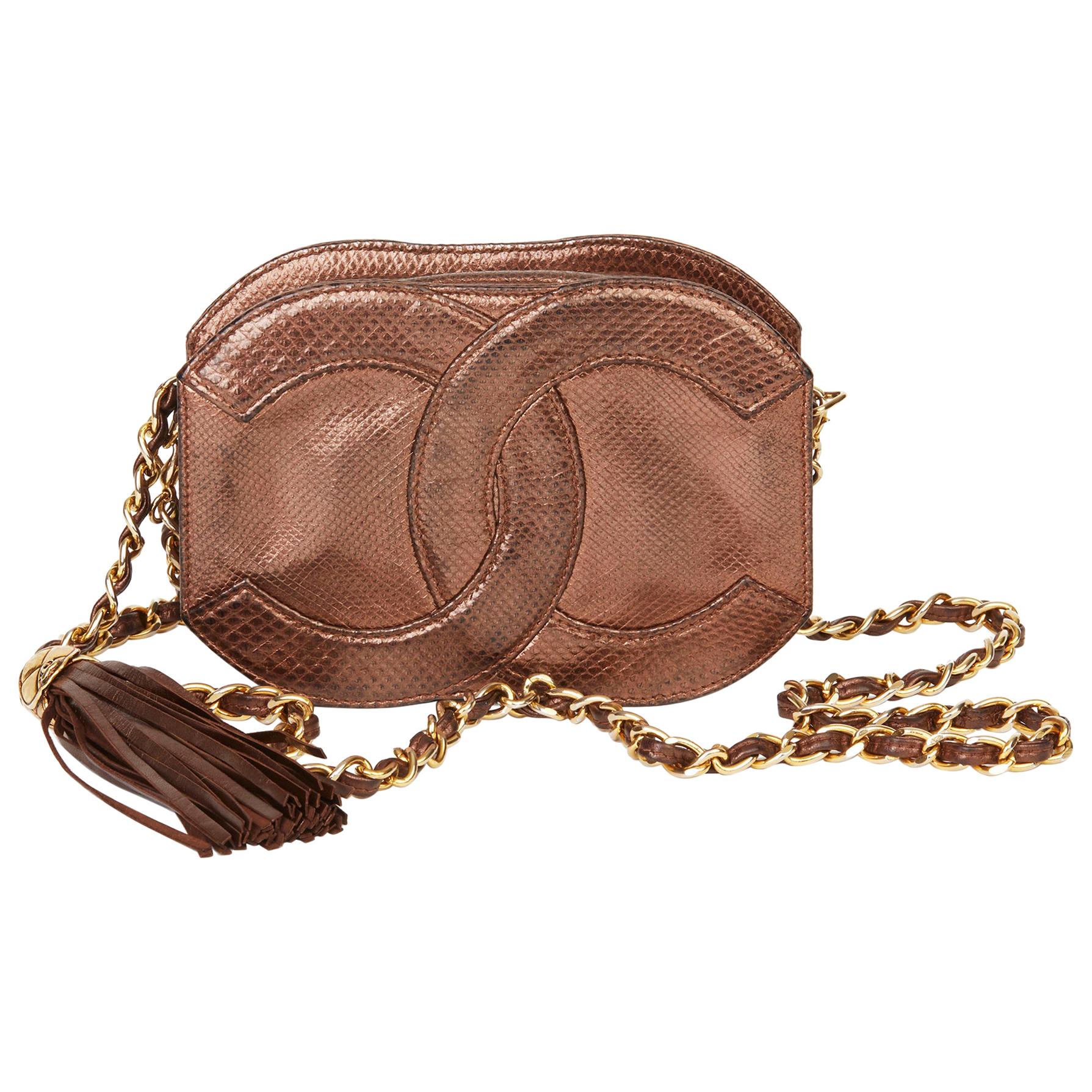 1991 Chanel Bronze Lizard Leather Vintage Mini Classic Tassel Camera Bag 