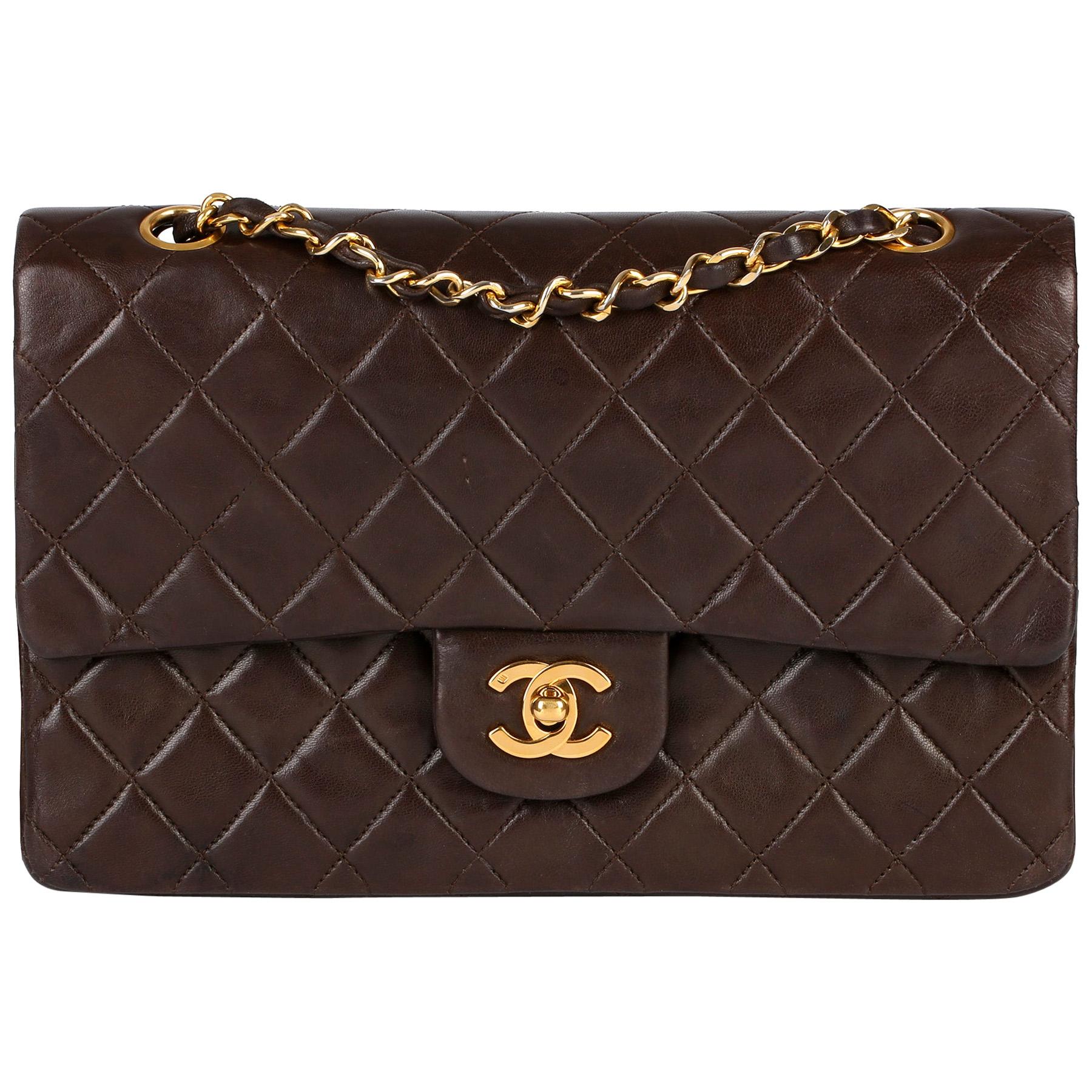 1991 Chanel Brown Quilted Lambskin Vintage Medium Classic Double Flap Bag 