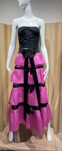 1991 Chanel by Karl Lagerfeld Pink Silk Ruffle Maxi Skirt with Black Ribbon
