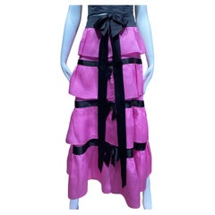 1991 Chanel by Karl Lagerfeld Pink Silk Ruffle Maxi Skirt with Black Ribbon