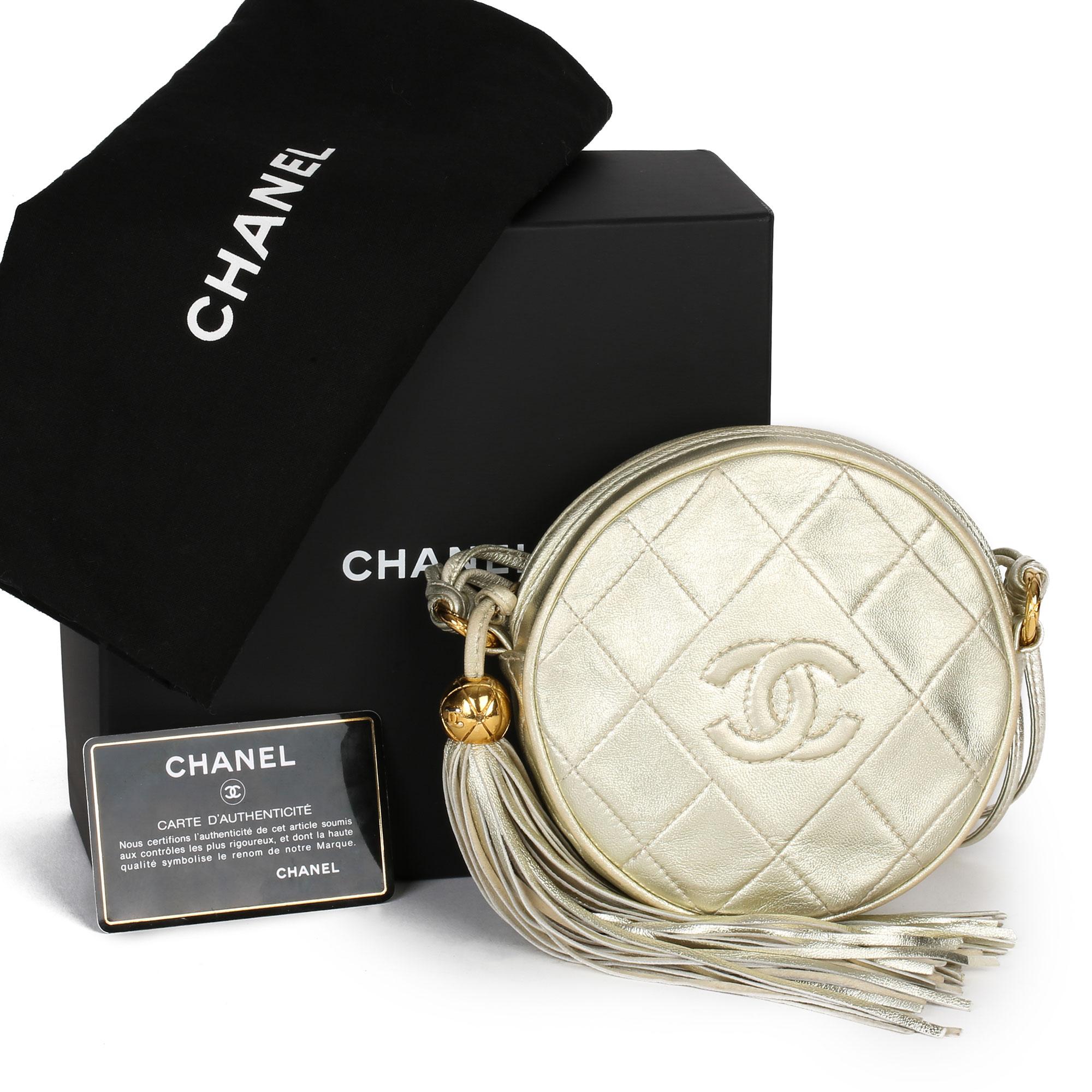 1991 Chanel Champagne Gold Lambskin Vintage Timeless Round Fringe Pochette 6