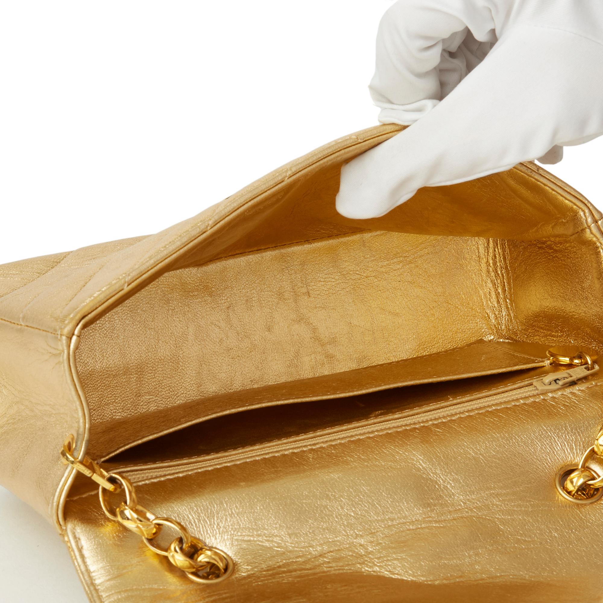 1991 Chanel Gold Chevron Quilted Metallic Lambskin Vintage Pearl Mini Flap Bag 5