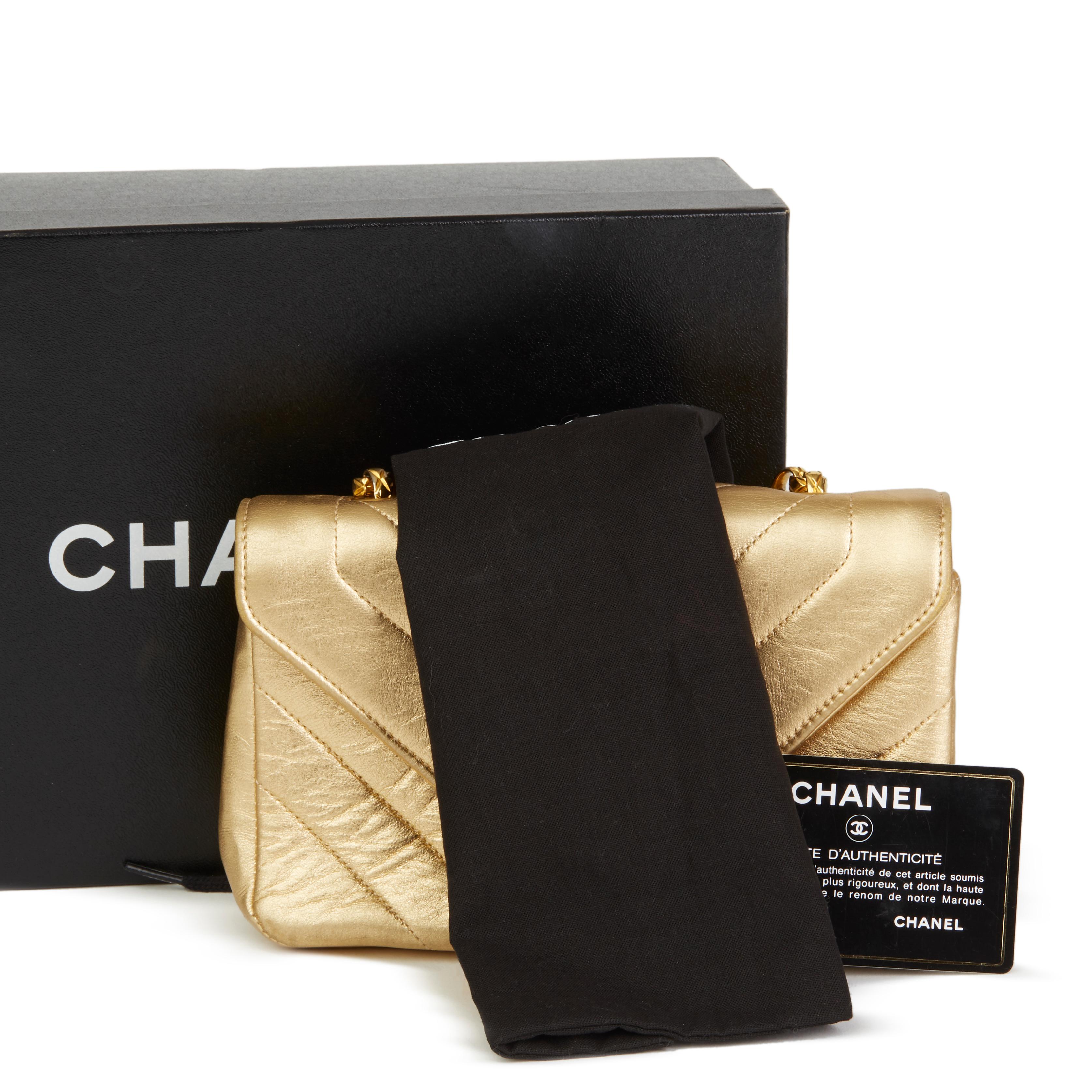 1991 Chanel Gold Chevron Quilted Metallic Lambskin Vintage Pearl Mini Flap Bag 6