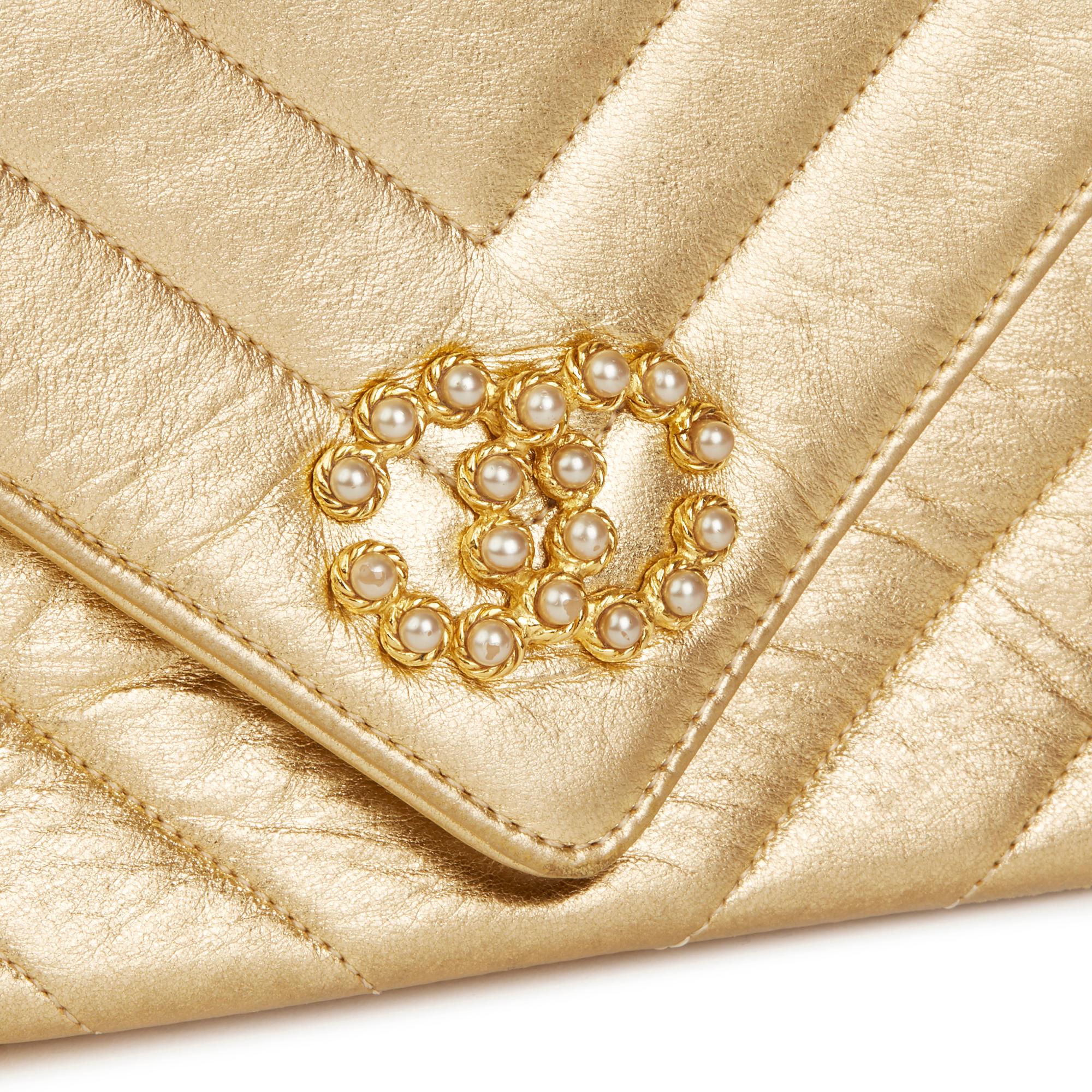 1991 Chanel Gold Chevron Quilted Metallic Lambskin Vintage Pearl Mini Flap Bag 1
