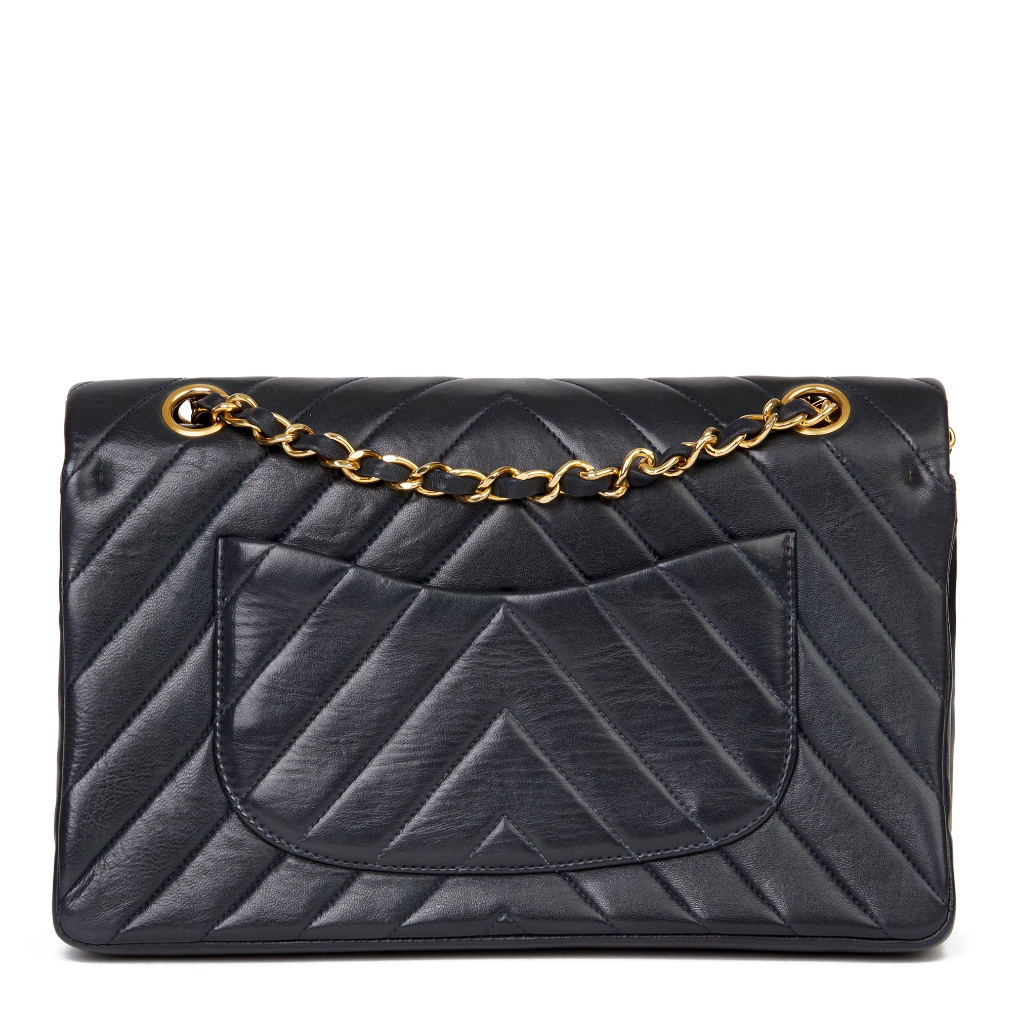 Women's 1991 Chanel Navy Quilted Chevron Vintage Medium Classic Double Flap Bag 