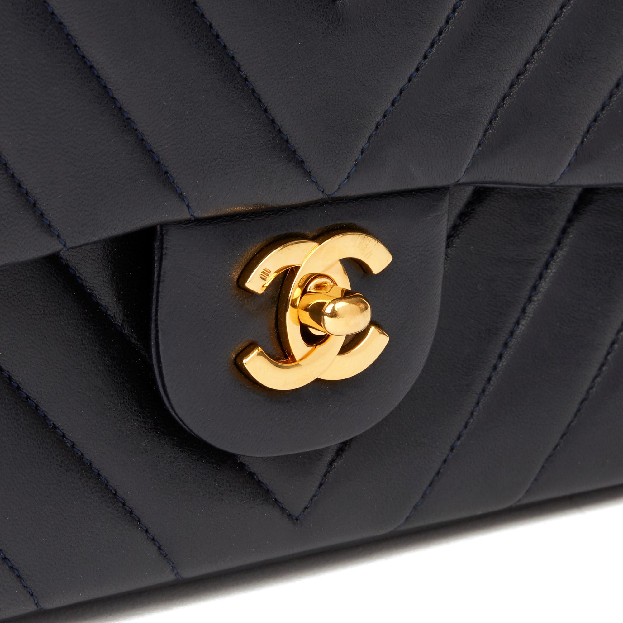 1991 Chanel Navy Quilted Chevron Vintage Medium Classic Double Flap Bag  2