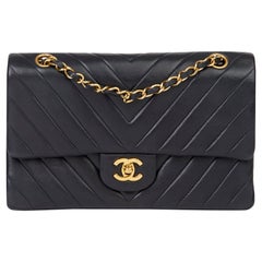 1991 Chanel Navy Quilted Chevron Vintage Medium Classic Double Flap Bag 