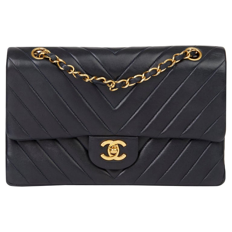 1991 Chanel Navy Quilted Chevron Vintage Medium Classic Double Flap Bag ...