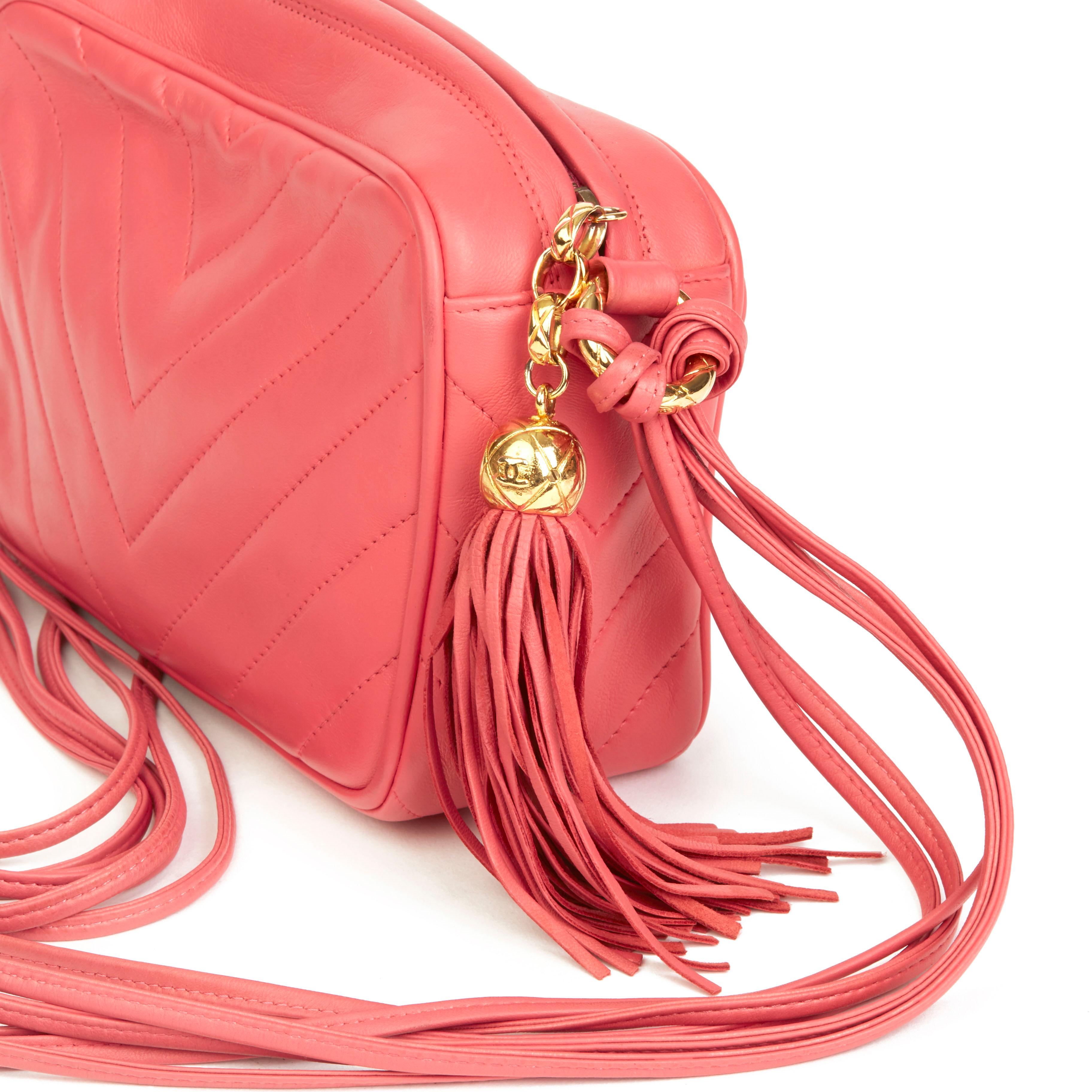 Women's 1991 Chanel Pink Chevron Quilted Lambskin Vintage Timeless Camera Bag