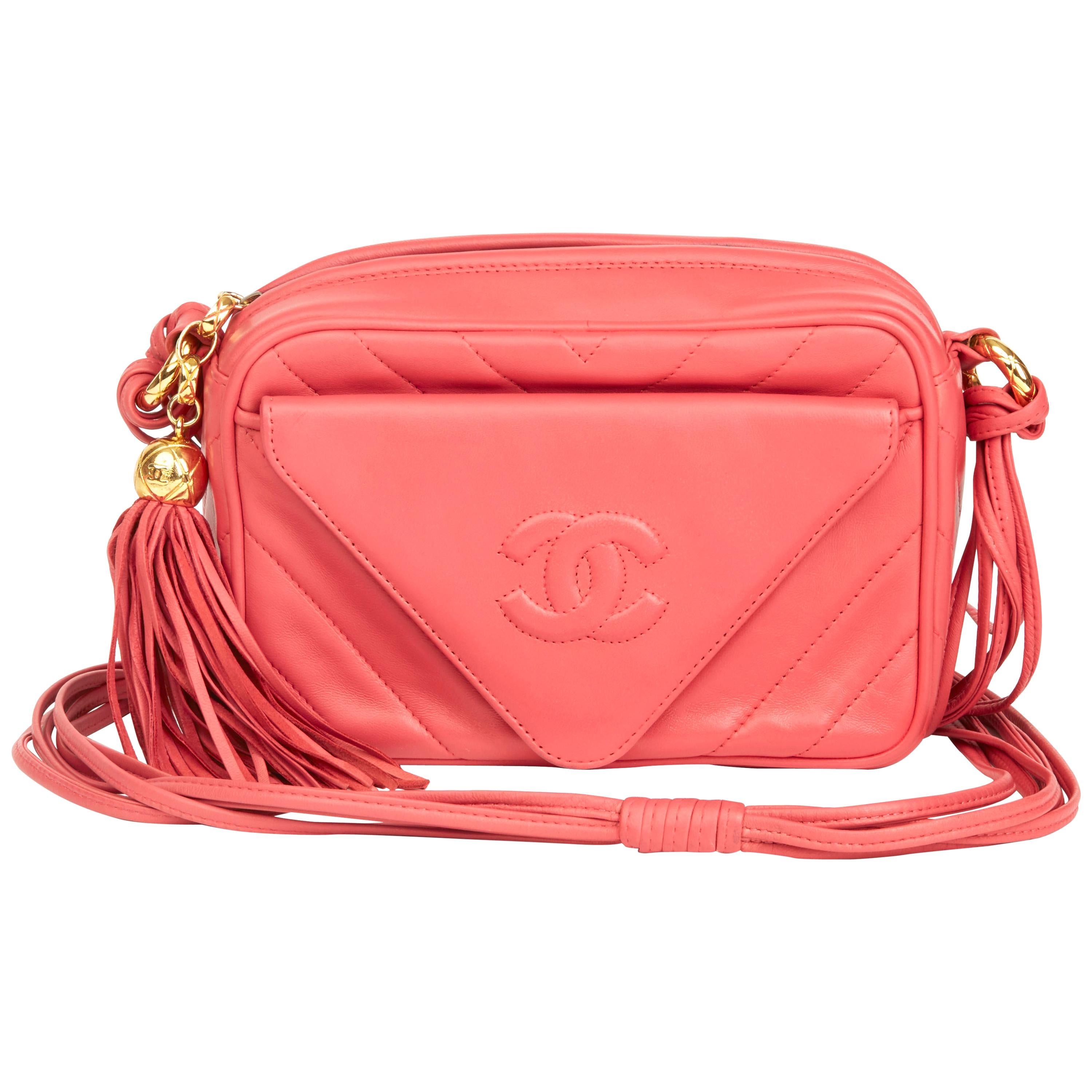 1991 Chanel Pink Chevron Quilted Lambskin Vintage Timeless Camera Bag
