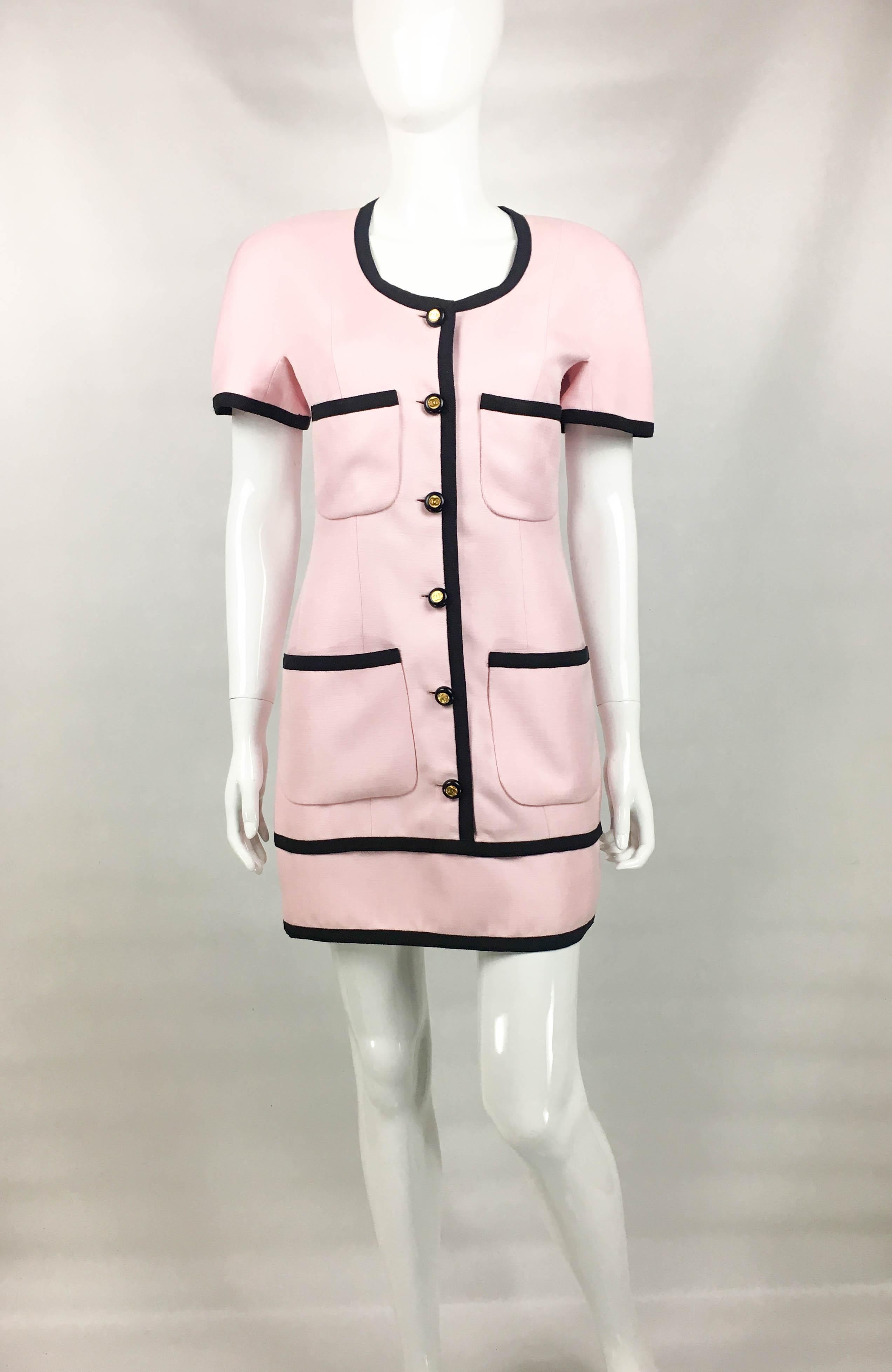 Beige 1991 Chanel Pink Short Dress With Logo Buttons