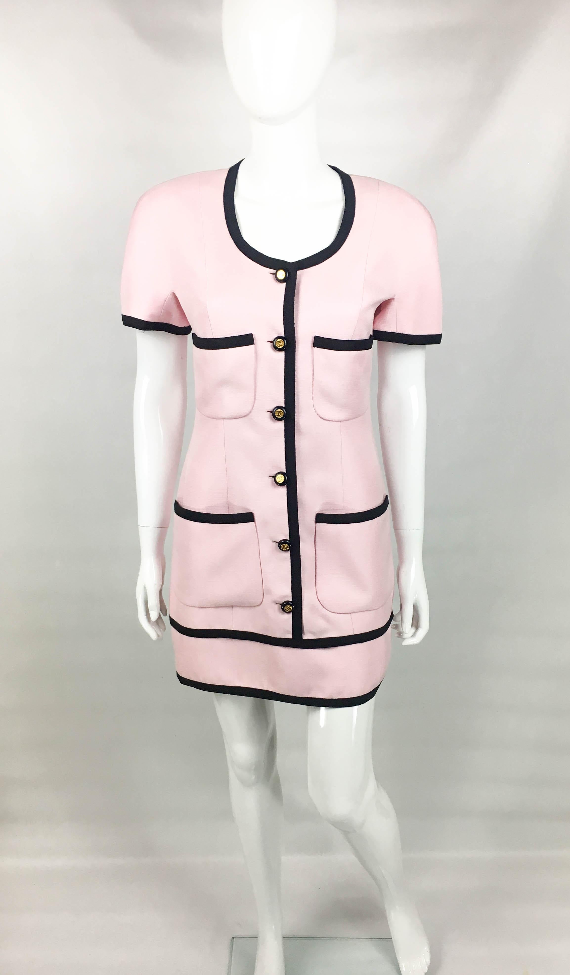 1991 Chanel Pink Short Dress With Logo Buttons In Good Condition In London, Chelsea