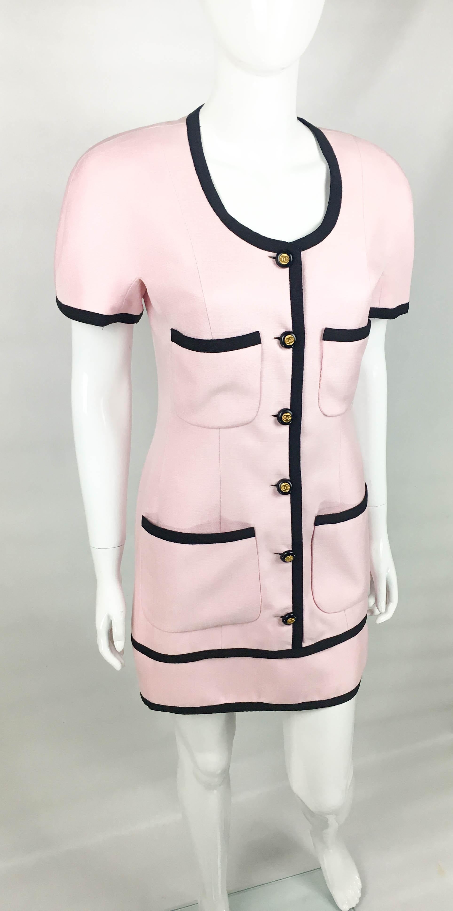 1991 Chanel Pink Short Dress With Logo Buttons 2