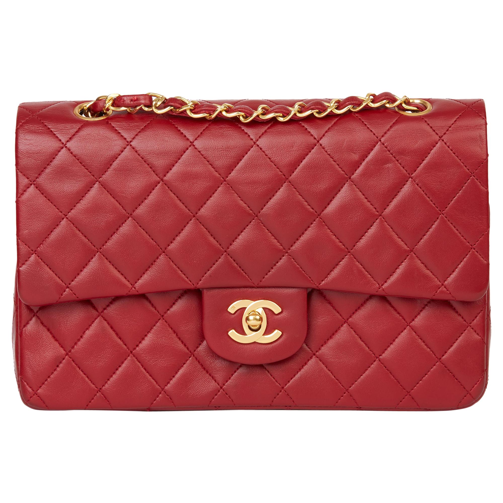 1991 Chanel Red Quilted Lambskin Vintage Medium Classic Double Flap Bag