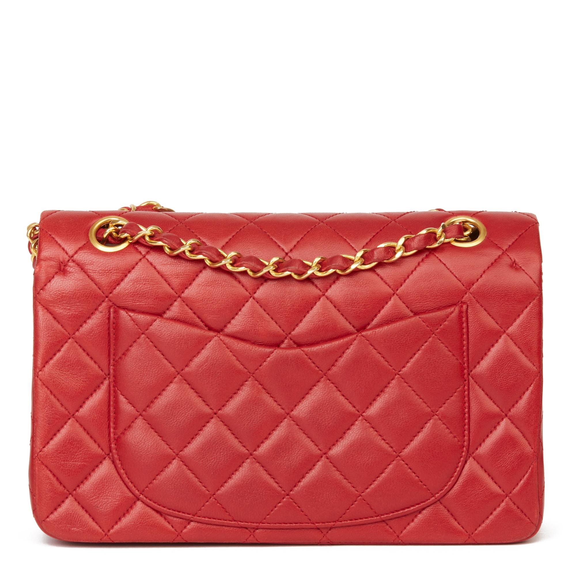 Women's 1991 Chanel Red Quilted Lambskin Vintage Small Classic Double Flap Bag 