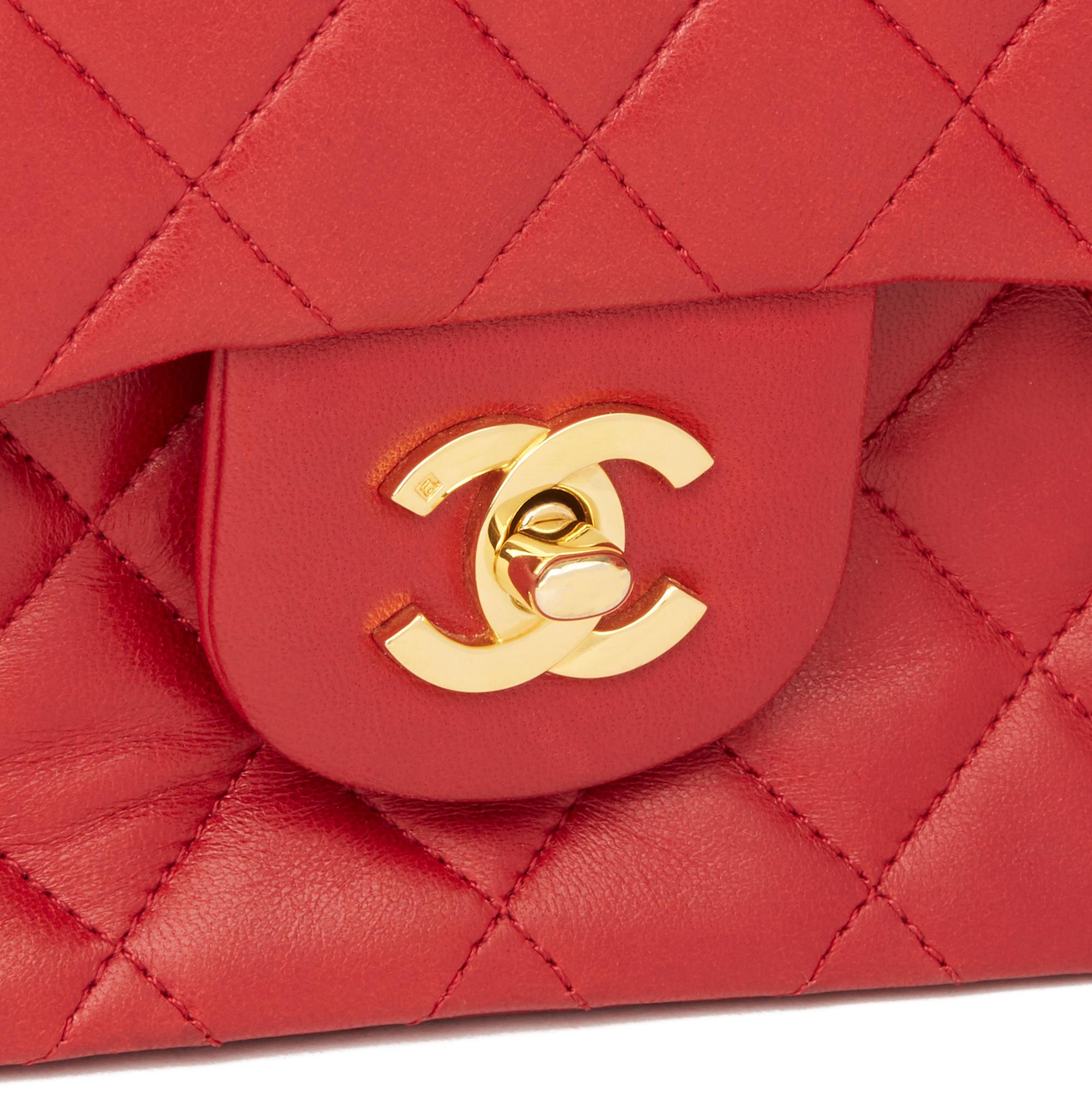 1991 Chanel Red Quilted Lambskin Vintage Small Classic Double Flap Bag  2