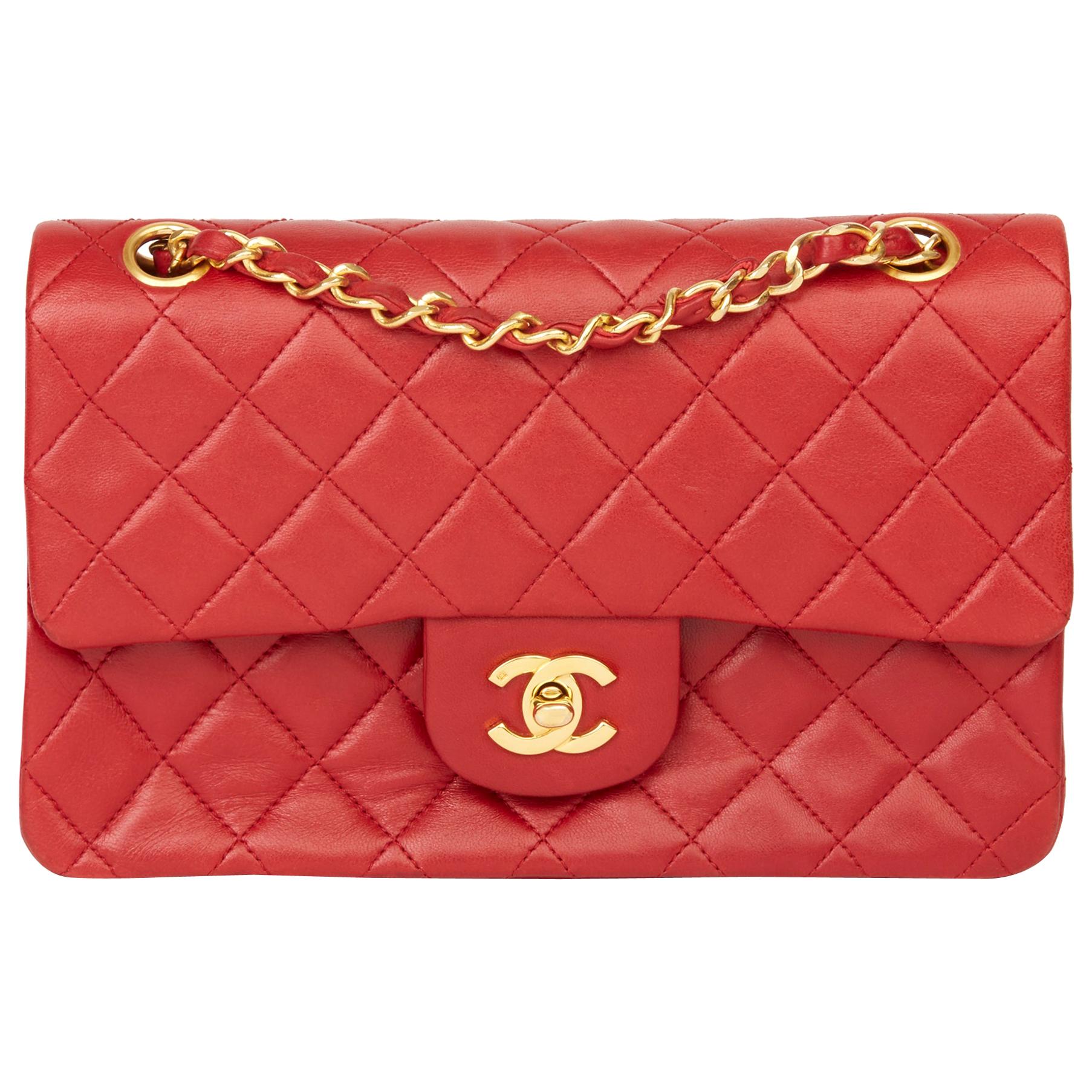 1991 Chanel Red Quilted Lambskin Vintage Small Classic Double Flap Bag 