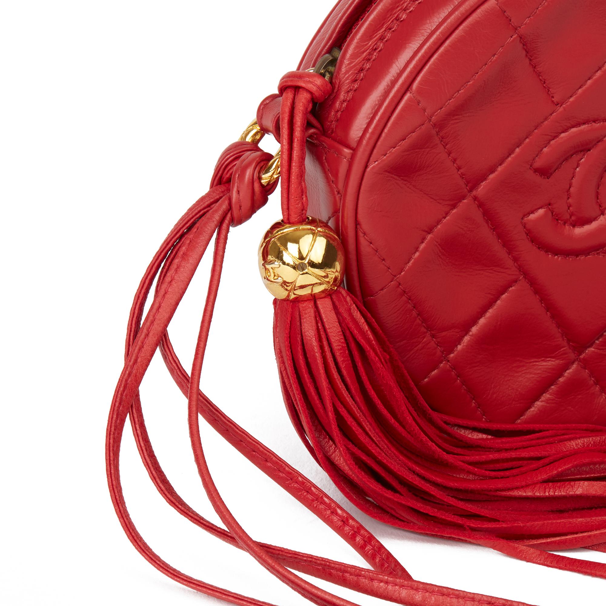 1991 Chanel Red Quilted Lambskin Vintage Timeless Round Fringe Pochette 3