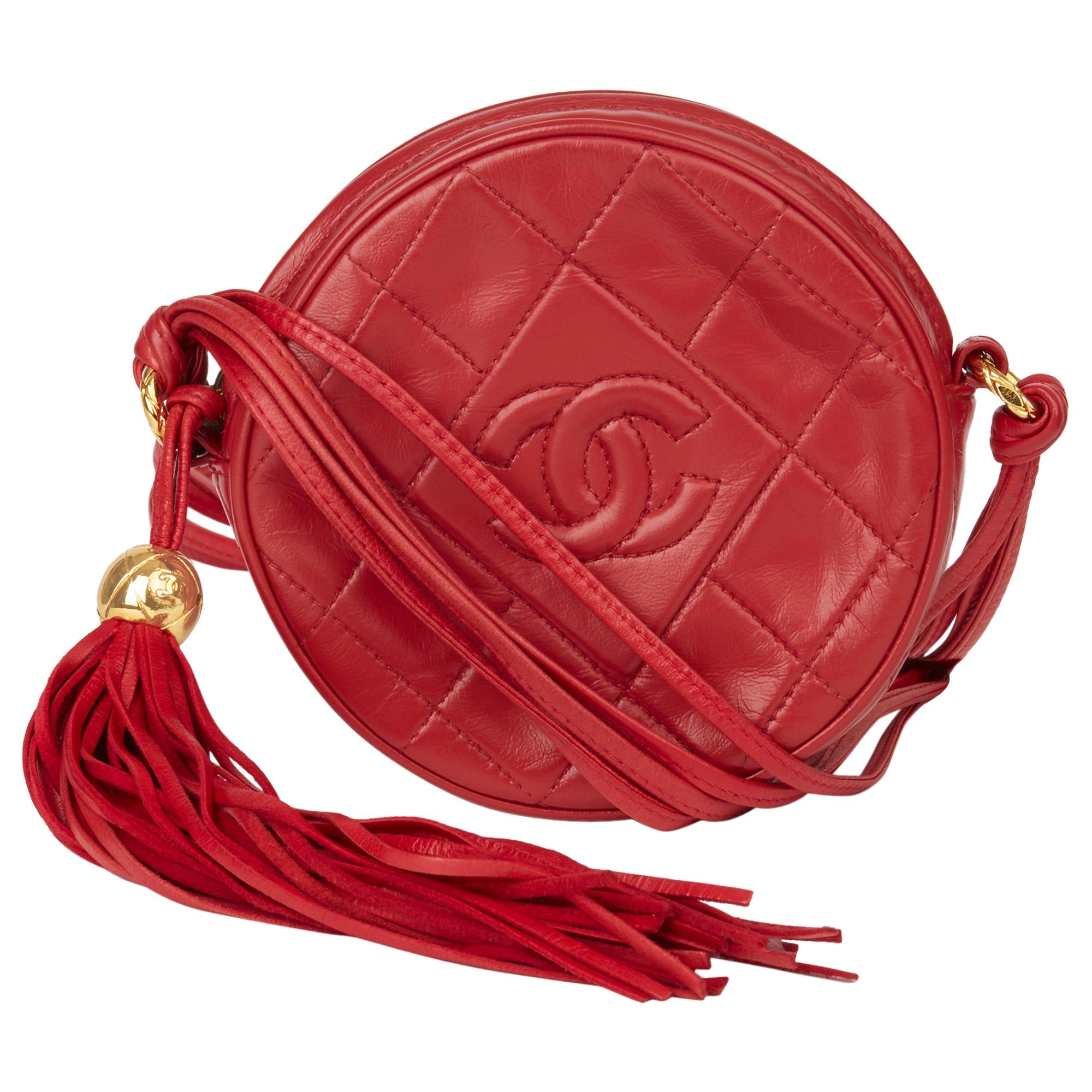 1991 Chanel Red Quilted Lambskin Vintage Timeless Round Fringe Pochette