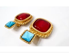 1991 Chanel Statement Red & Blue Cabochon Gold Tone Clip-On Earrings