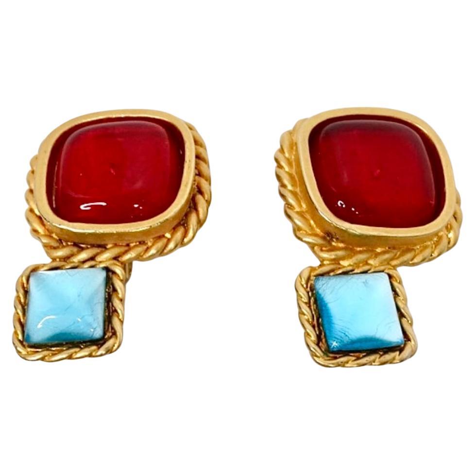 1991 Chanel Statement Red & Blue Cabochon Gold Tone Clip-On Earrings