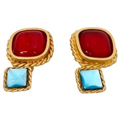 1991 Chanel Statement Red & Blue Cabochon Gold Tone Clip-On Earrings
