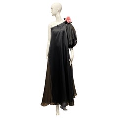 1991 Christian Dior  by Ferre Black Silk One Shoulder Gown with Puffy Sleeve