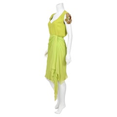 1991 Christian Dior Demi-Couture Chartreuse Silk Metallic Beaded Draped Dress