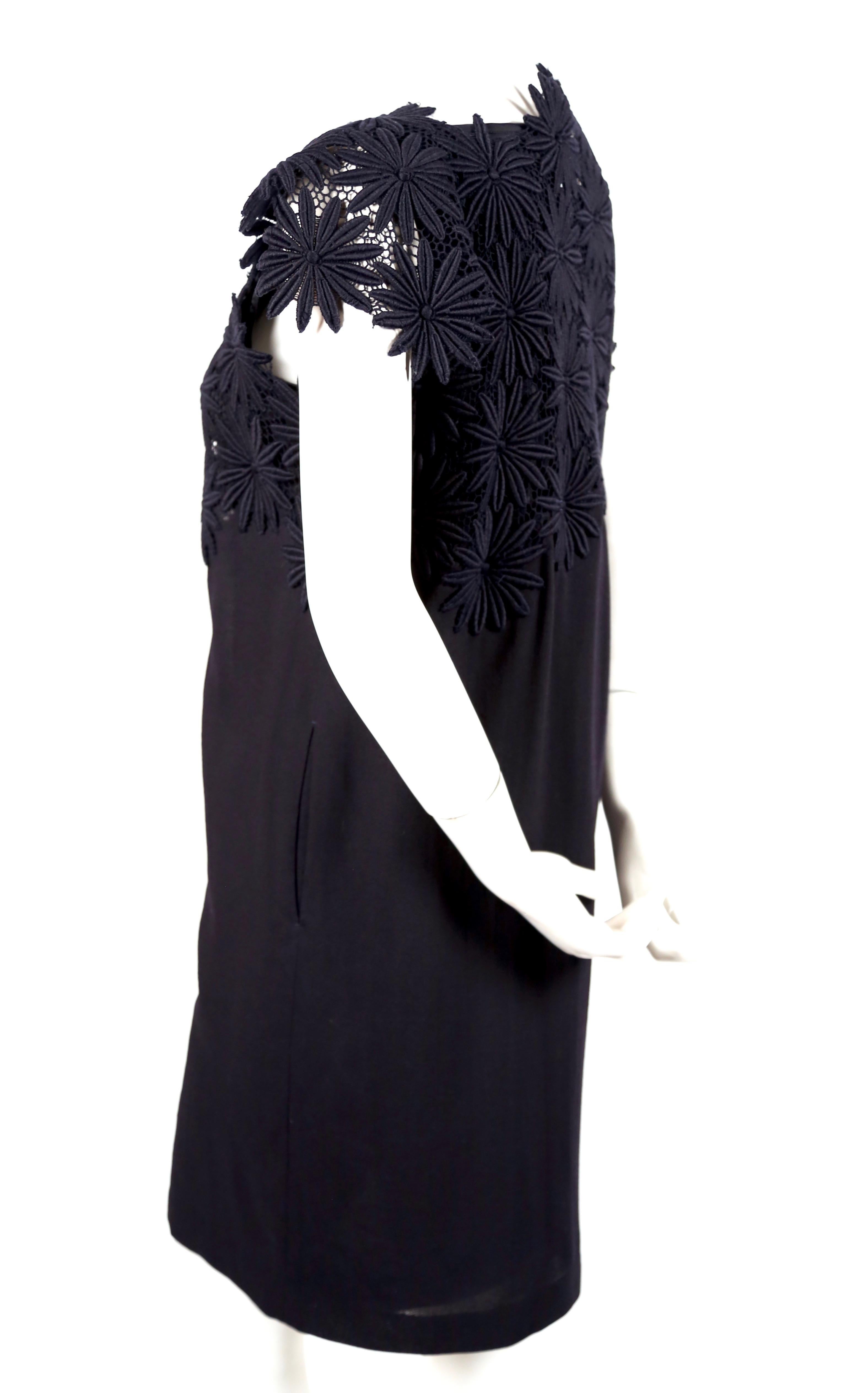 Deep navy-blue summer-weight wool dress with asymmetrically embroidered lace neckline from Comme des Garcons as seen on Yasmin Le Bon on the spring 1991 runway. Size 'S'. Dress measures approximately 38
