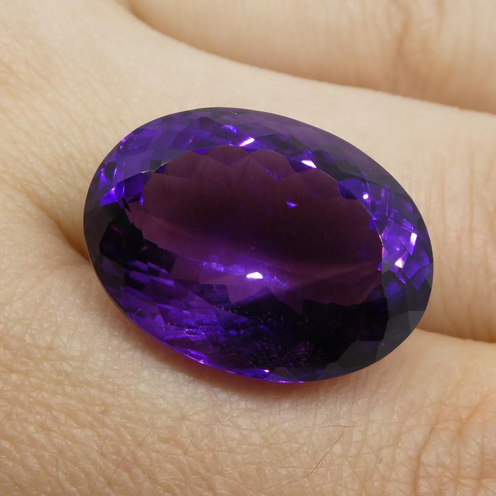 Description:

Gem Type: Amethyst
Number of Stones: 1
Weight: 19.91 cts
Measurements: 20.70x15.30x10.50 mm
Shape: Oval
Cutting Style Crown: Modified Brilliant
Cutting Style Pavilion: Modified Brilliant
Transparency: Transparent
Clarity: Very Slightly