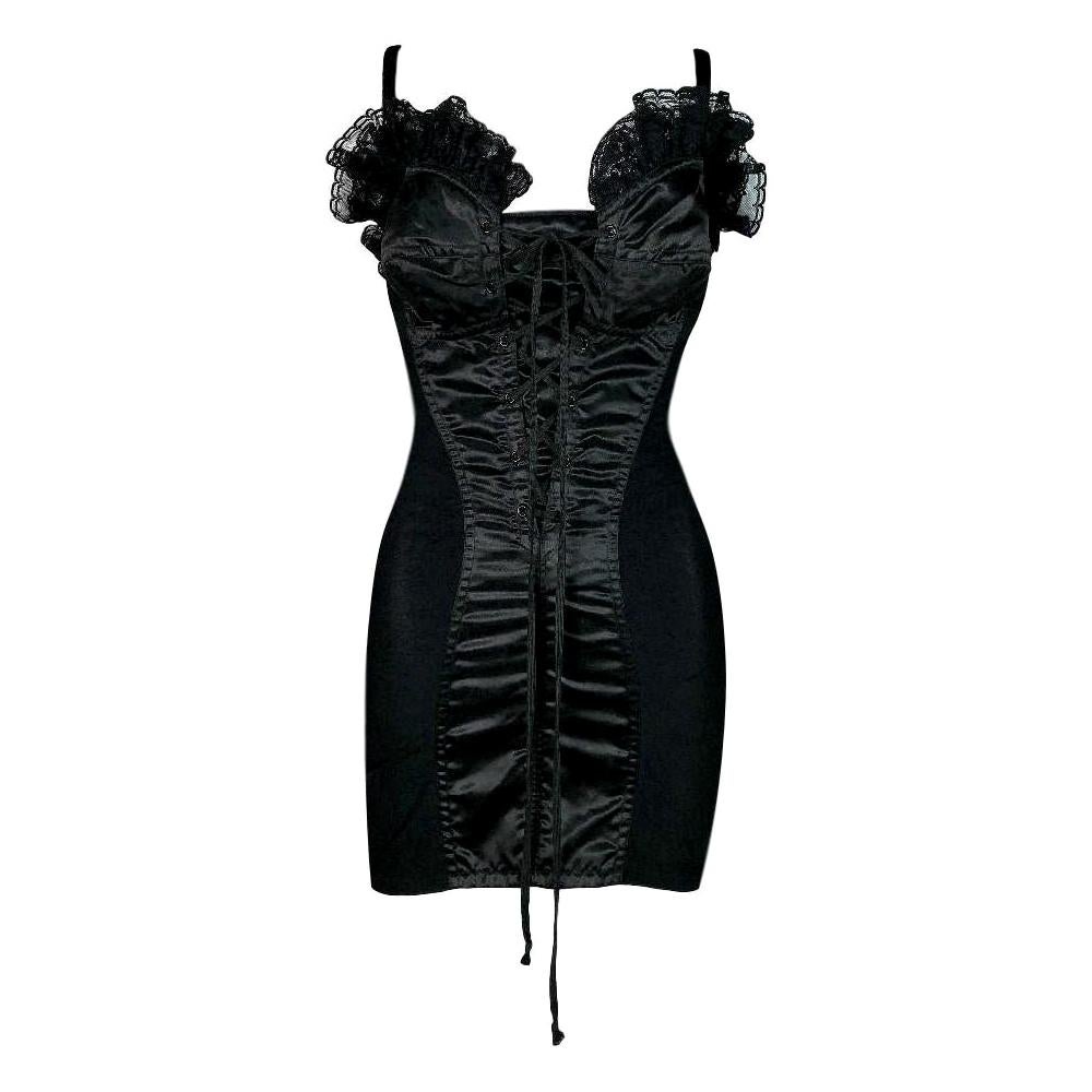 1991 Dolce & Gabbana Black Lace Trim Plunging Corset Mini Dress For Sale