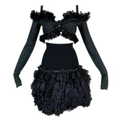 1991 Dolce & Gabbana Black Wrap Crop Top & High Waist Lace Ruffle Mini Skirt