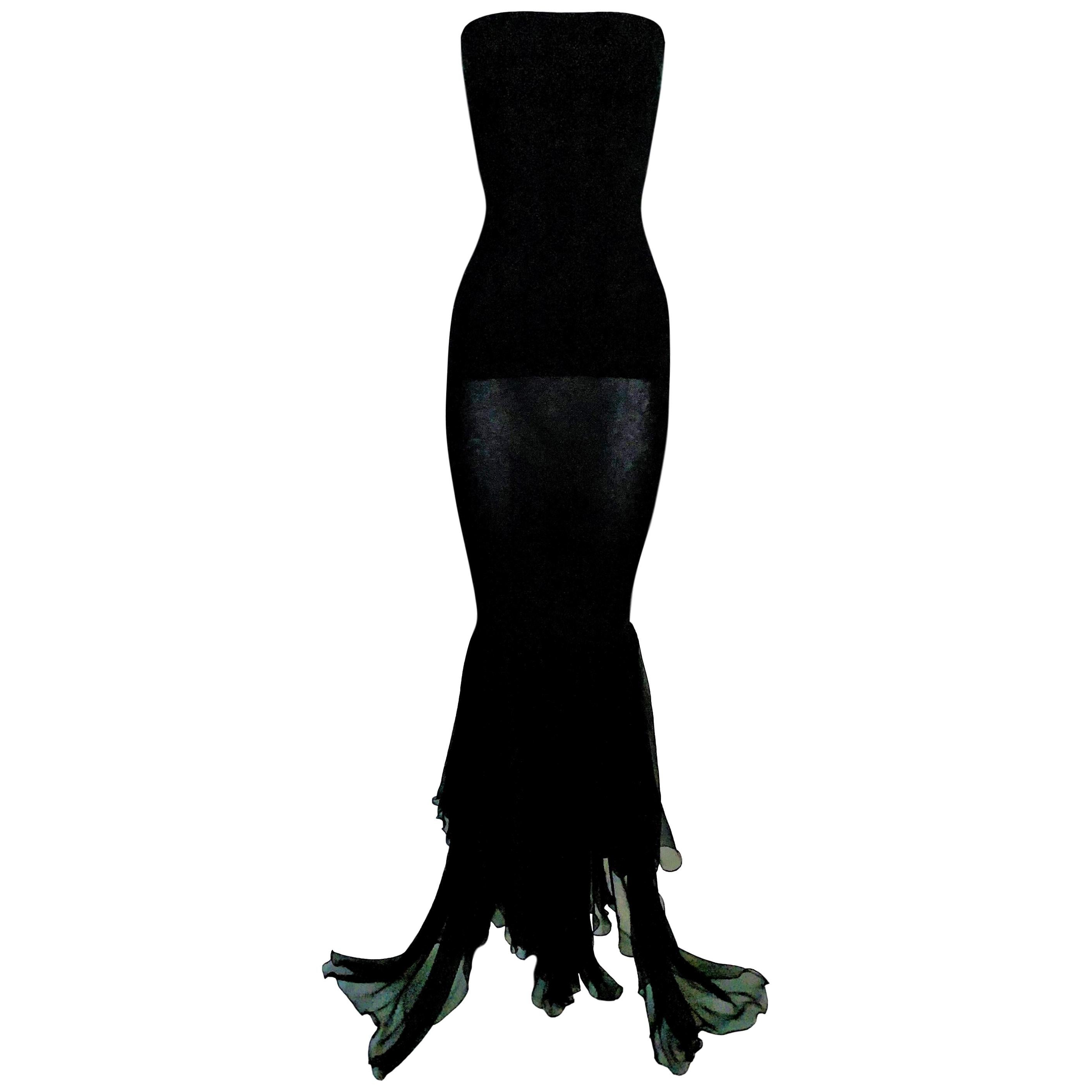 1991 Dolce & Gabbana Long Black Tube Wiggle Dress w Silk Hem