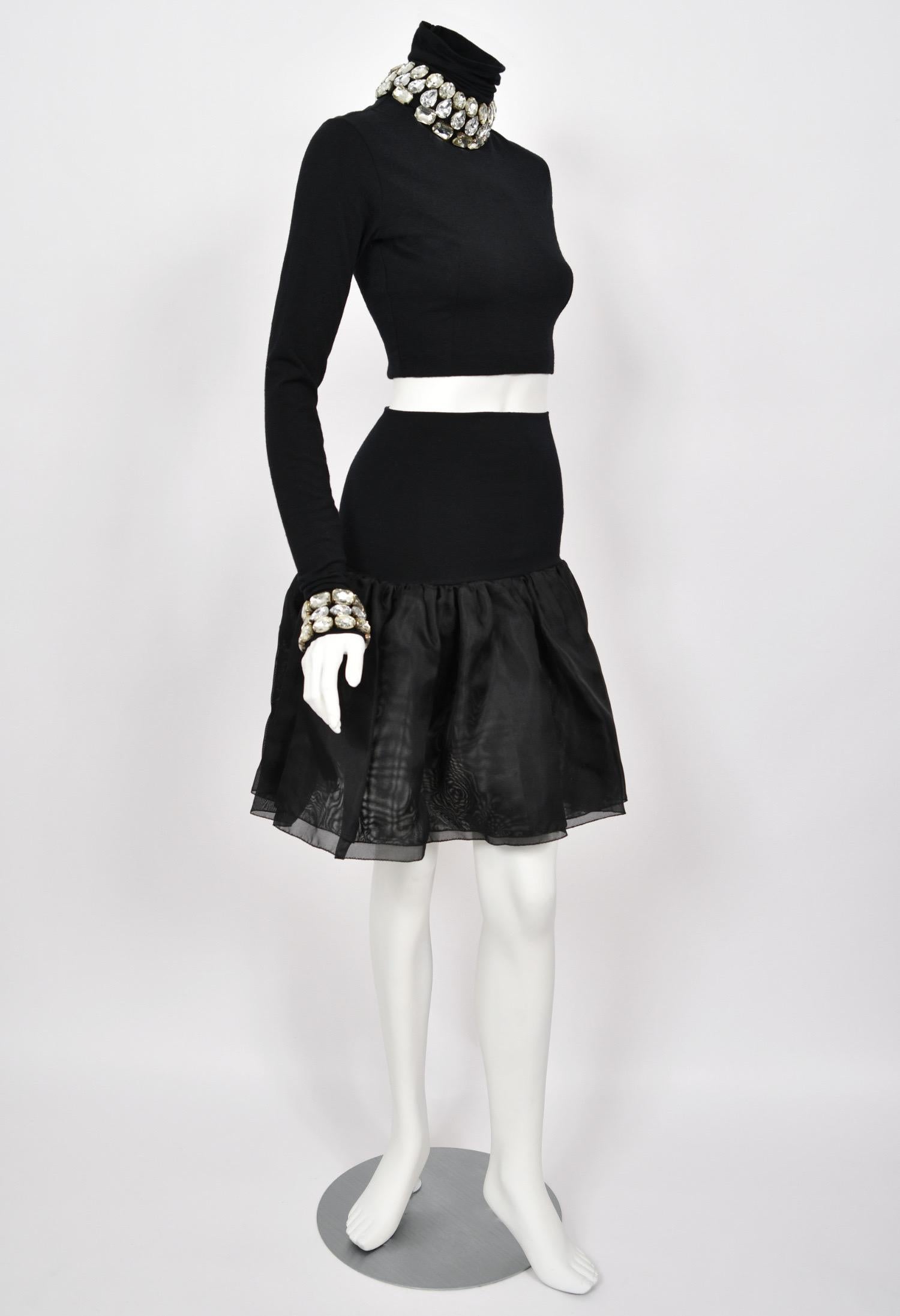 1991 Dolce & Gabbana Runway Crystal Rhinestone Black Crop Top w/ Matching Skirt en vente 8