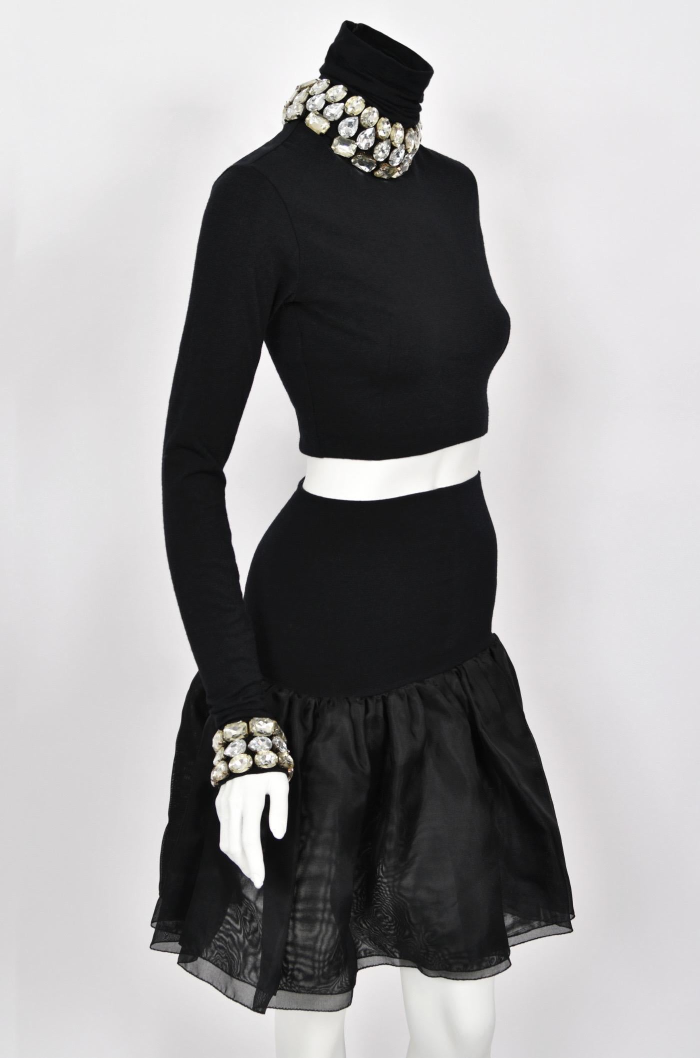 1991 Dolce & Gabbana Runway Crystal Rhinestone Black Crop Top w/ Matching Skirt en vente 9