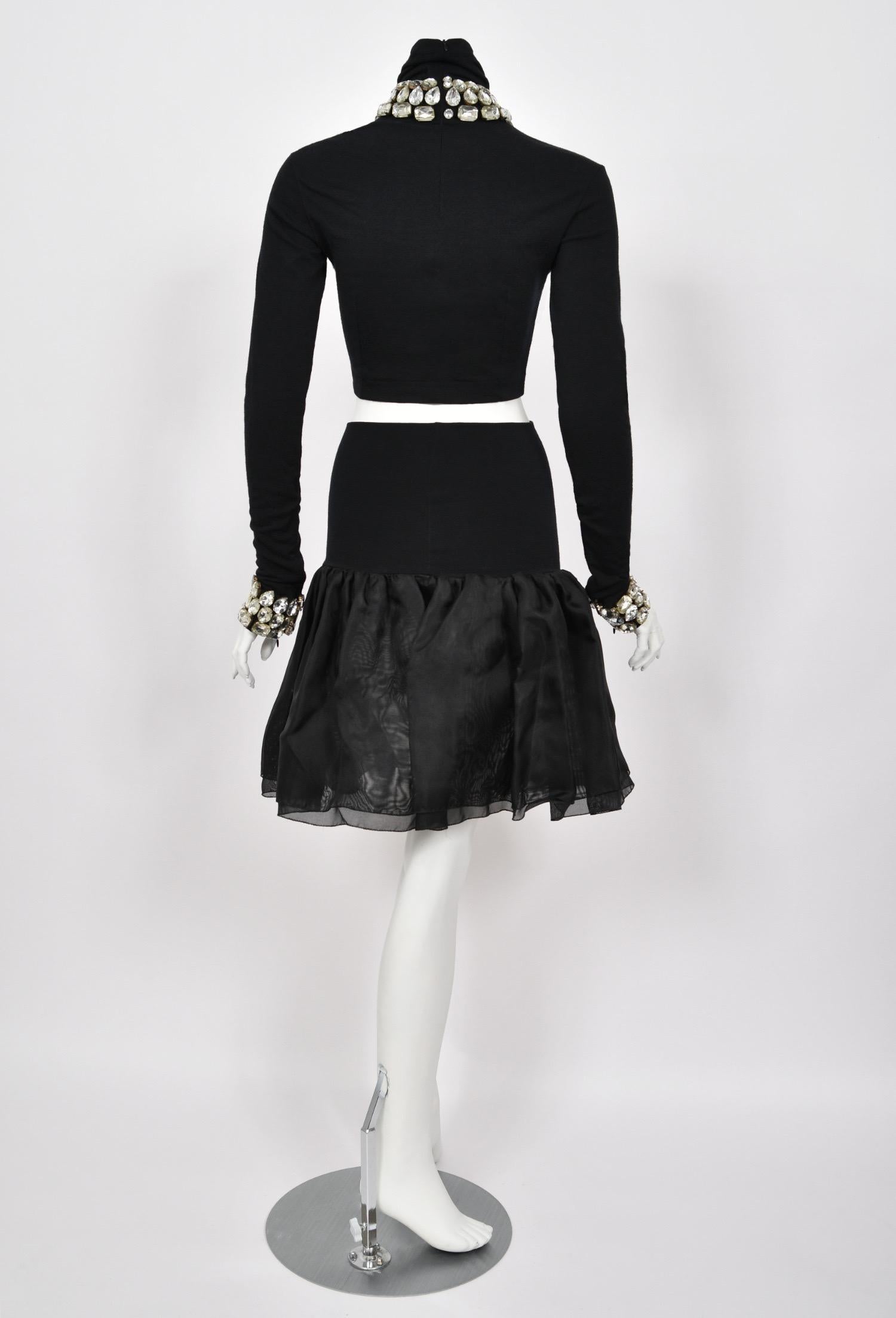 1991 Dolce & Gabbana Runway Crystal Rhinestone Black Crop Top w/ Matching Skirt en vente 10