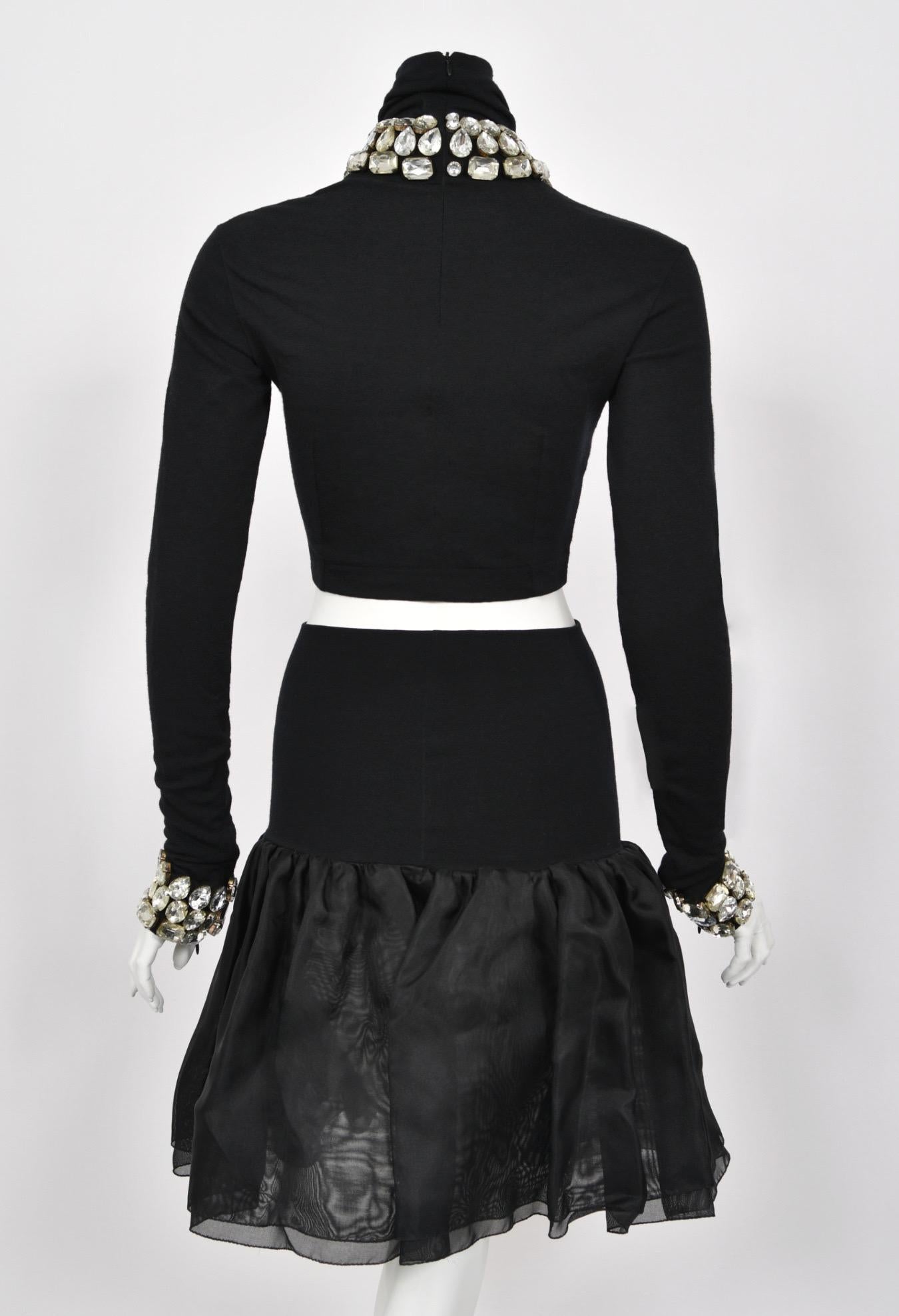 1991 Dolce & Gabbana Runway Crystal Rhinestone Black Crop Top w/ Matching Skirt en vente 11