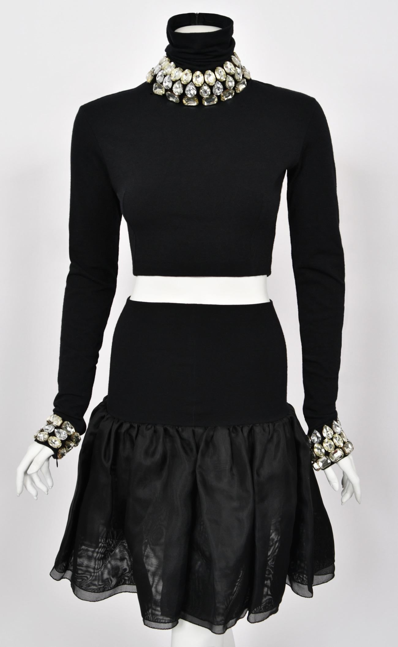 1991 Dolce & Gabbana Runway Crystal Rhinestone Black Crop Top w/ Matching Skirt en vente 2
