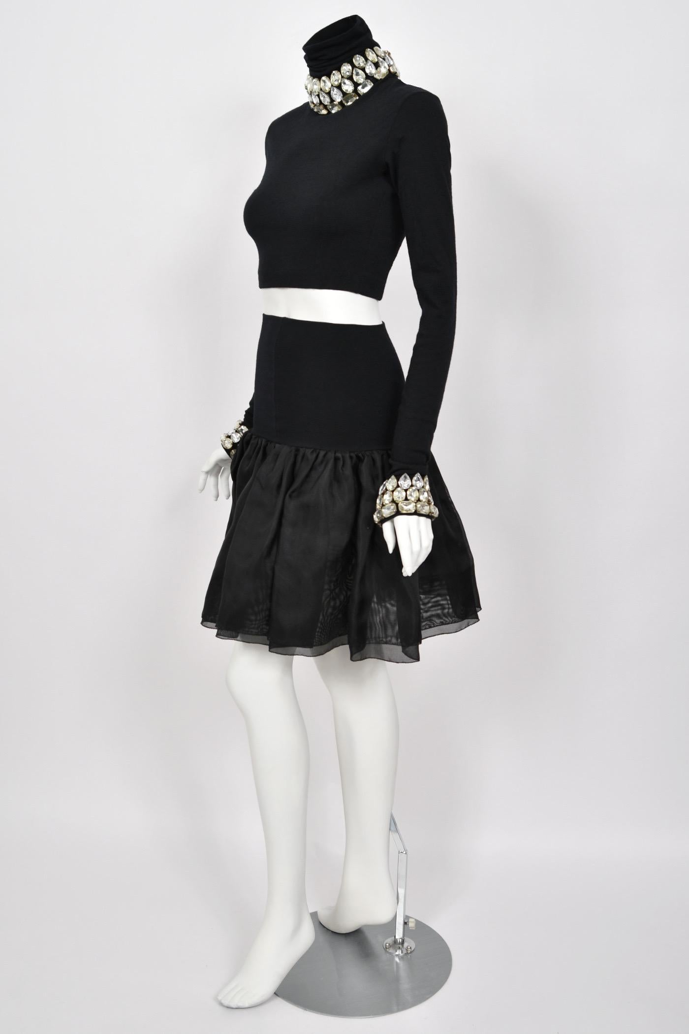 1991 Dolce & Gabbana Runway Crystal Rhinestone Black Crop Top w/ Matching Skirt en vente 6