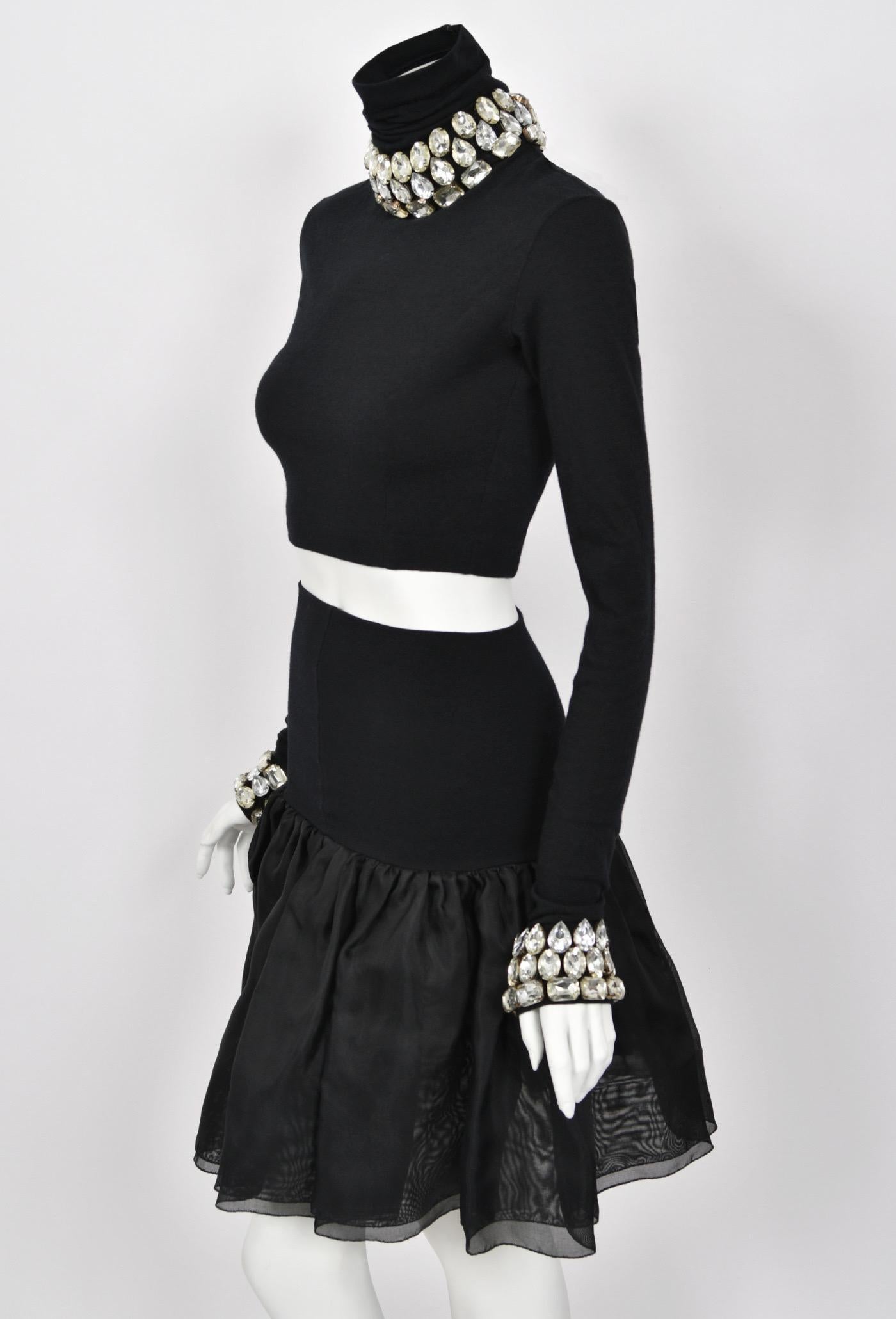 1991 Dolce & Gabbana Runway Crystal Rhinestone Black Crop Top w/ Matching Skirt en vente 7