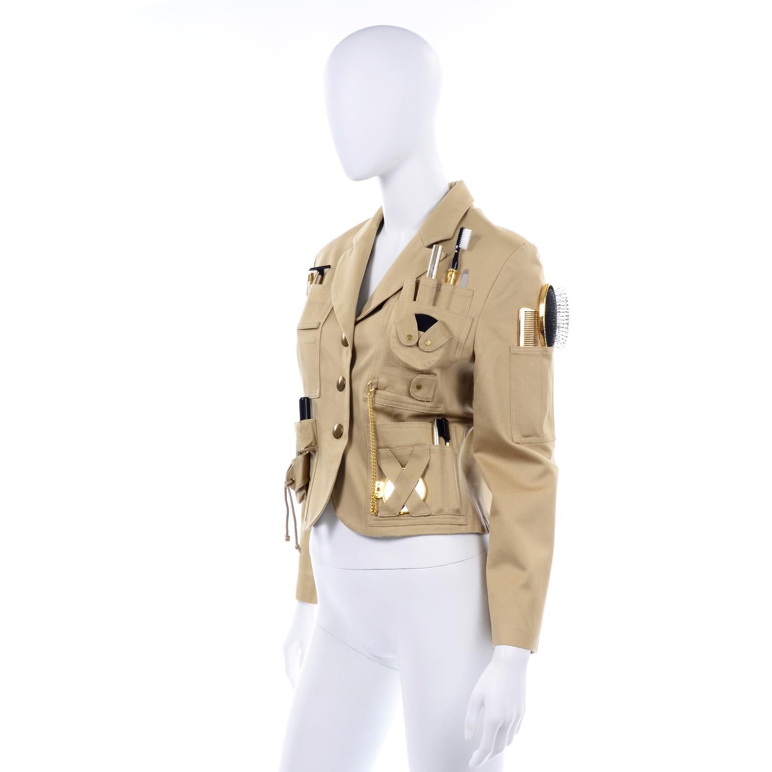 Brown 1991 Franco Moschino Couture Survival Jacket in Khaki Cotton Urban Jungle Tools
