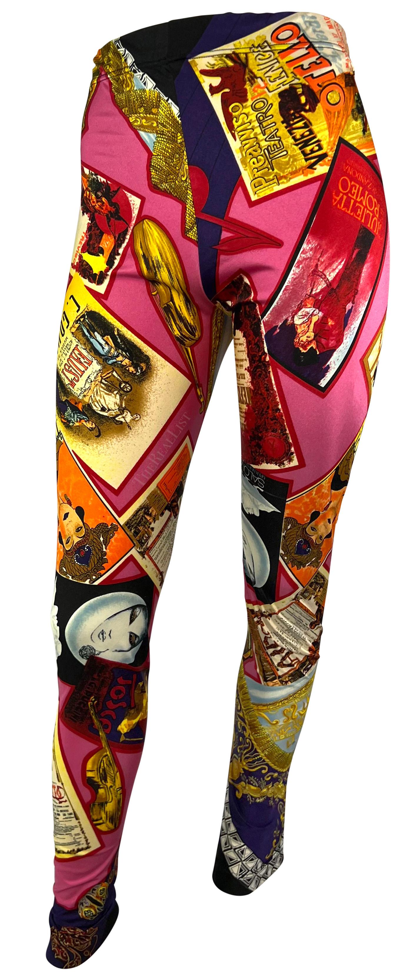Presenting a pair of multicolor opera-motif Gianni Versace tights, designed by Gianni Versace. From 1991, these colorful leggings are covered in an opera motif that features playbills and other theater accouterments. These primarily pink tights are