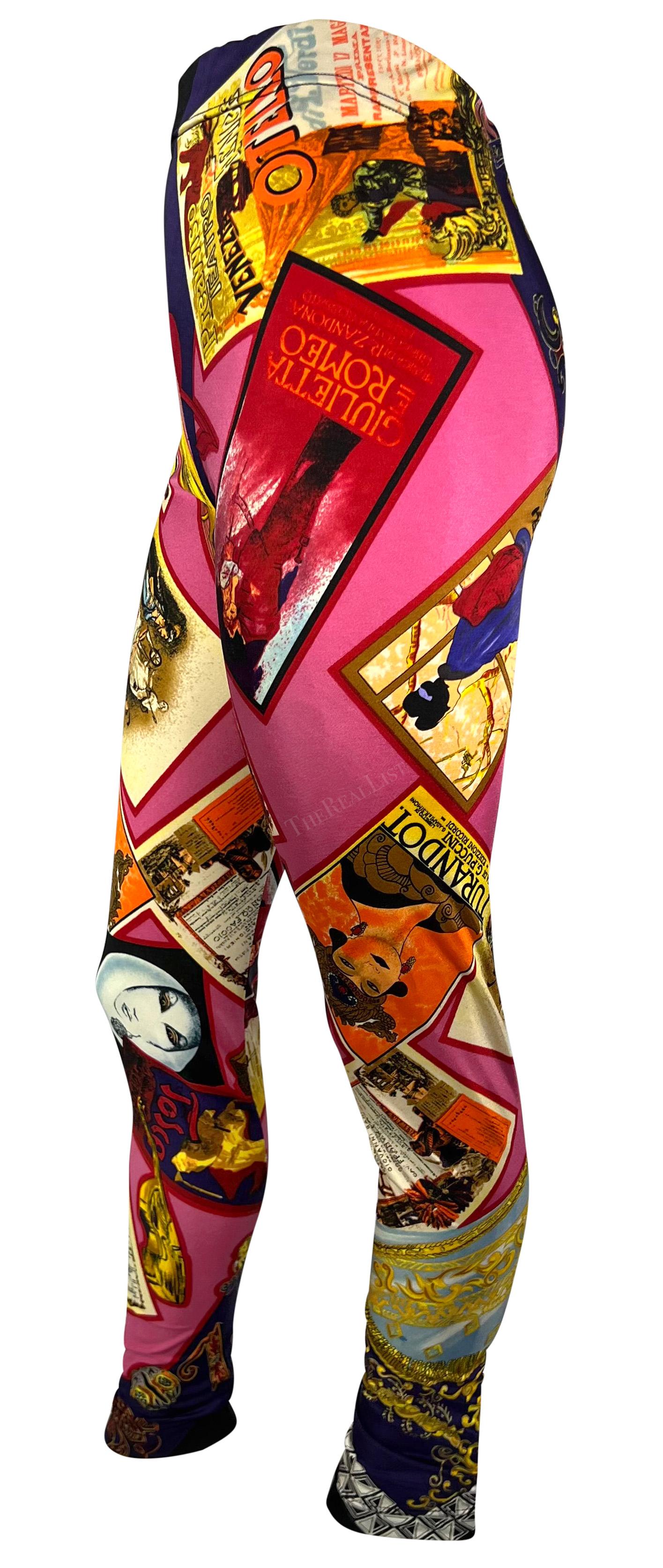 1991 Gianni Versace Opera Playbill Print Pink Tights Legging Pants In Excellent Condition For Sale In West Hollywood, CA