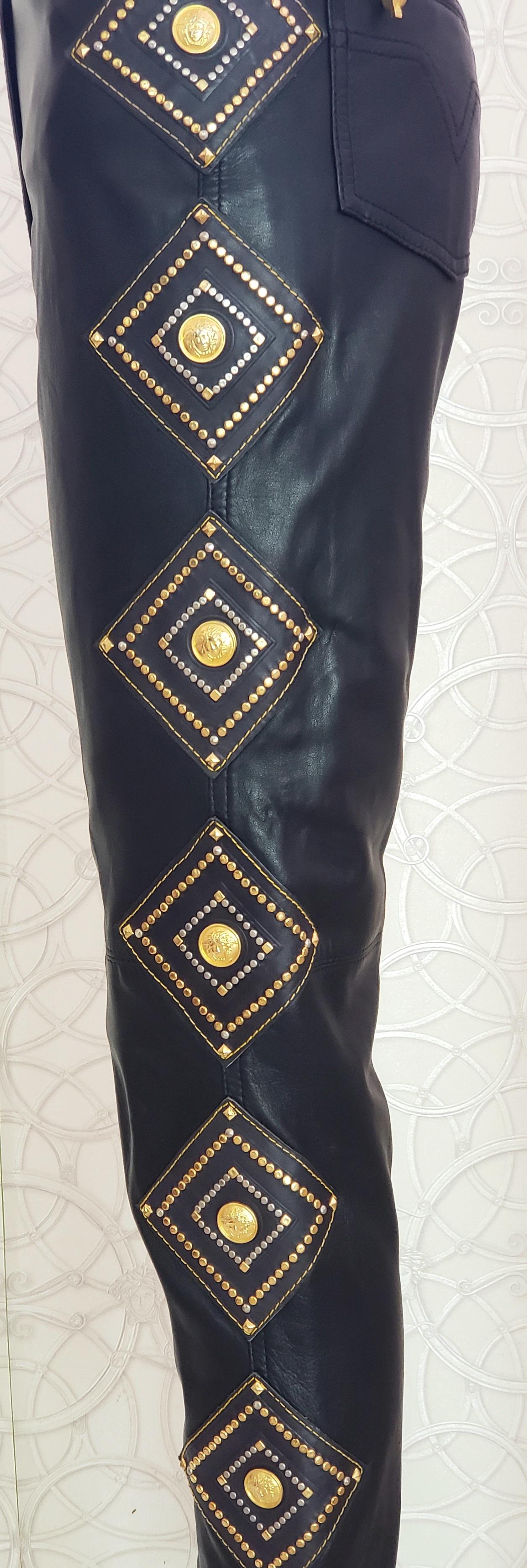 Women's or Men's 1991 GIANNI VERSACE PRIVATE MUSEUM WORTHY COLLECTION BLACK LEATHER STUDDED Pants For Sale
